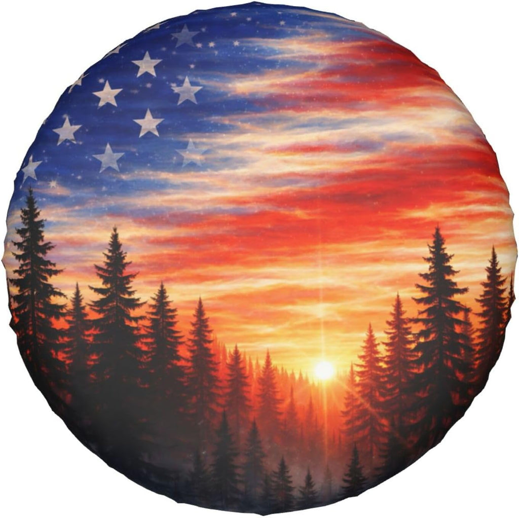 Spare Tire Cover，American Flag Sunset Fores Camper Spare Tire Cover Waterproof Sun Protection for Jeep Trailer Camper RV SUV Wheel Covers (American Flag Sunset Fores, 15 inch)