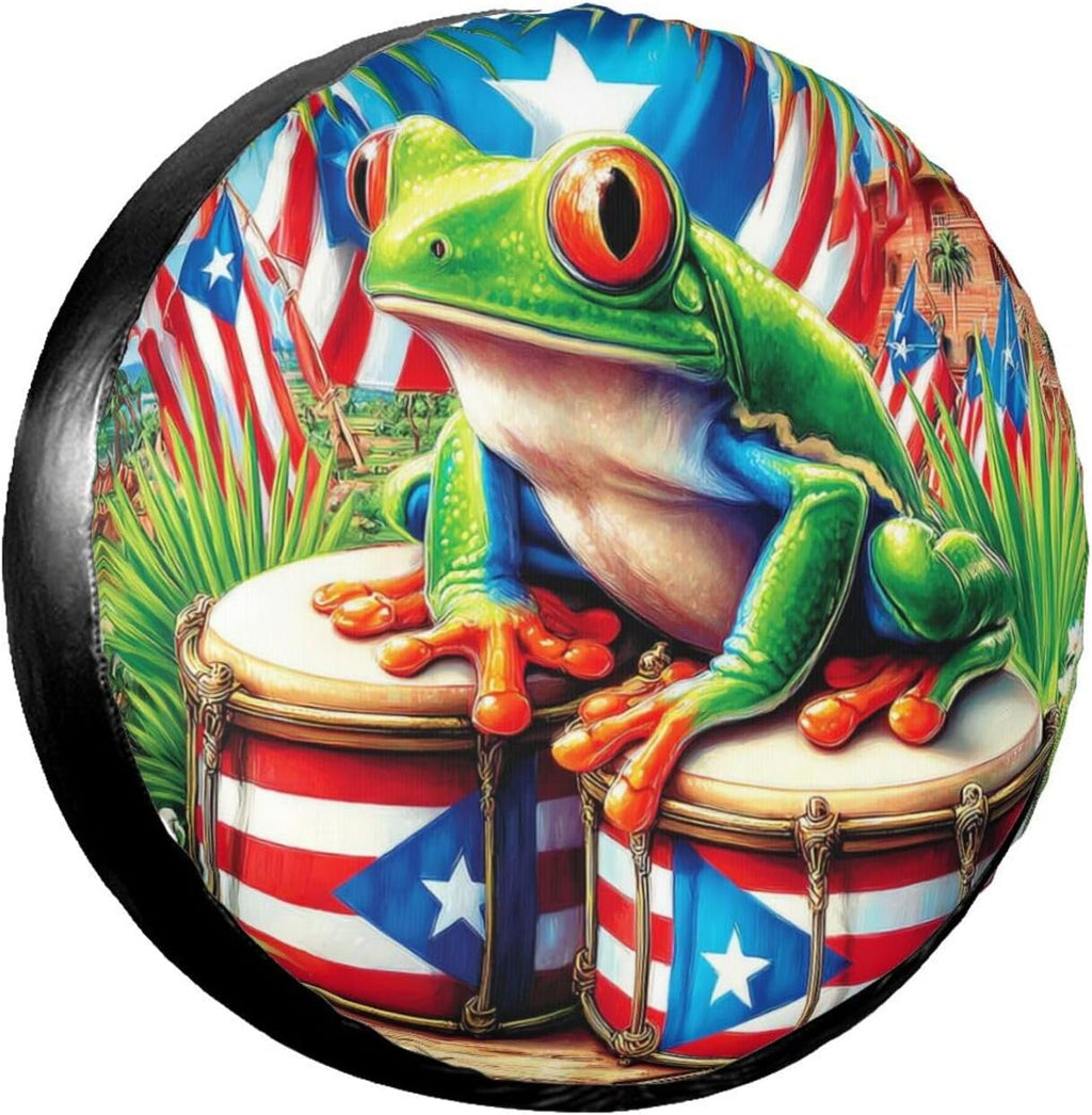 Puerto Rico Flag Frog Spare Tire Cover,15 inch,Cute Flag Tire Covers Waterproof Polyester Wheel Protector Universal for Rv Suvs Camper Trucks Travel Trailers Outdoor