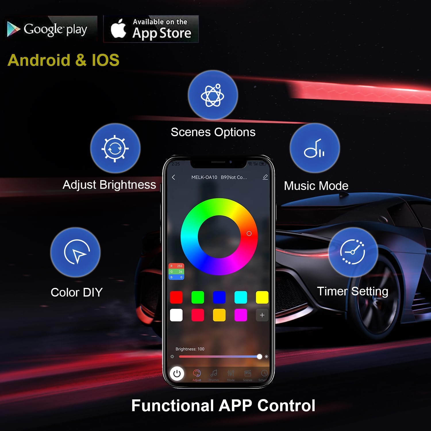 Underglow Car Lights, 4 pcs RGB-IC Smart LED Lights with APP and Remote Control, 16 Million Colors DIY Sound Active Function Music Mode, Underglow Kit for Car, SUVs, Trucks (Dream Color)