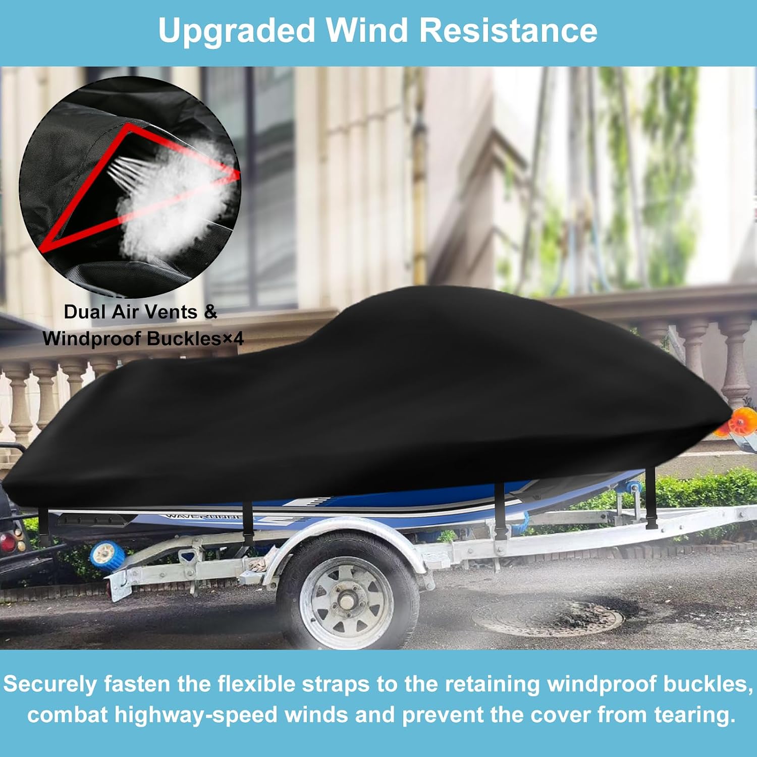 Jet Ski Cover 3 Seater, 420D Waterproof UV Resistant (115"-120") | Nano Coating, 4 Windproof Buckles, Dual Air Vents, Easy Install & Store, Outdoor Storage & Trailering