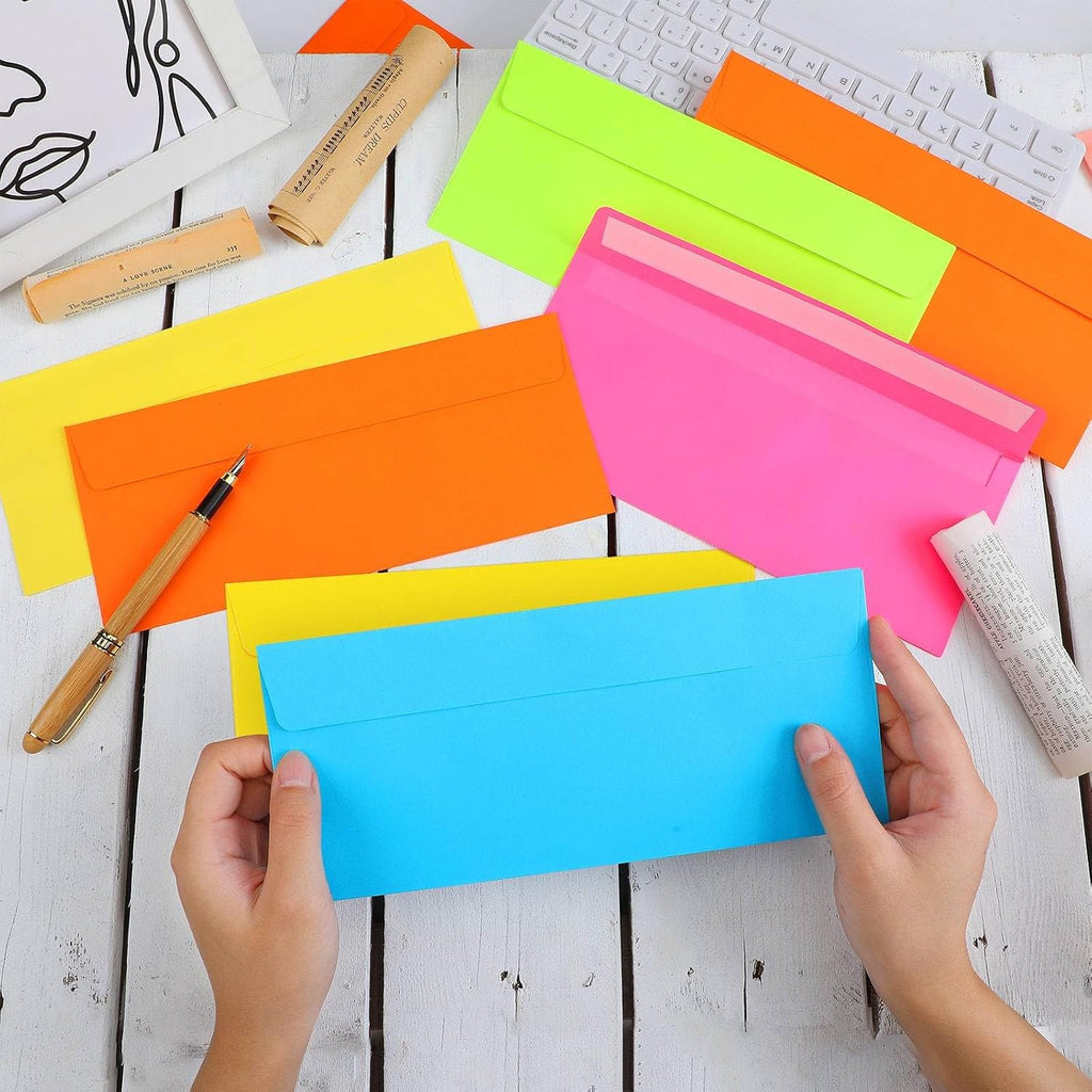 outus 500 pcs #10 colored envelopes business adhesive,neon shown in use