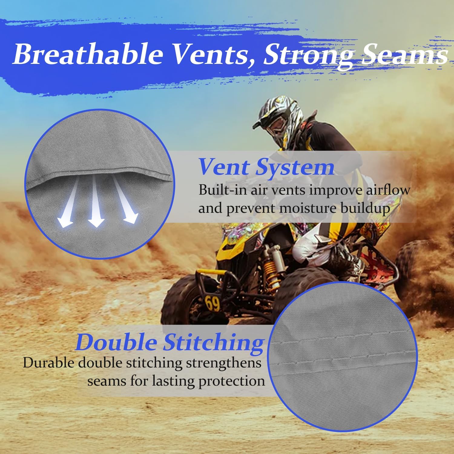ATV Covers Waterproof Outdoor Heavy Duty, ATV Cover 600D UV Resistant Tear Proof with Windproof Straps Elastic Hem, Universal Quad Cover with Reflective Strips Bag, 95" L * 50" W * 48" H, Gray