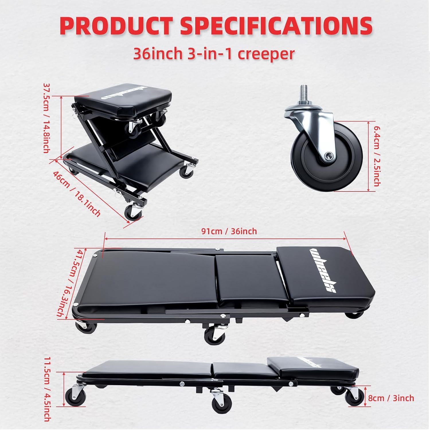 Mechanic Creeper 36 inches 3-in-1 Mode Z Seat 340lbs Capacity, Foldable Garage Adjustable Rolling Folding with 6pcs Wheels Roller, Lay Down Sit Lean Back, Under Car Auto Repair, Black, Man Gift