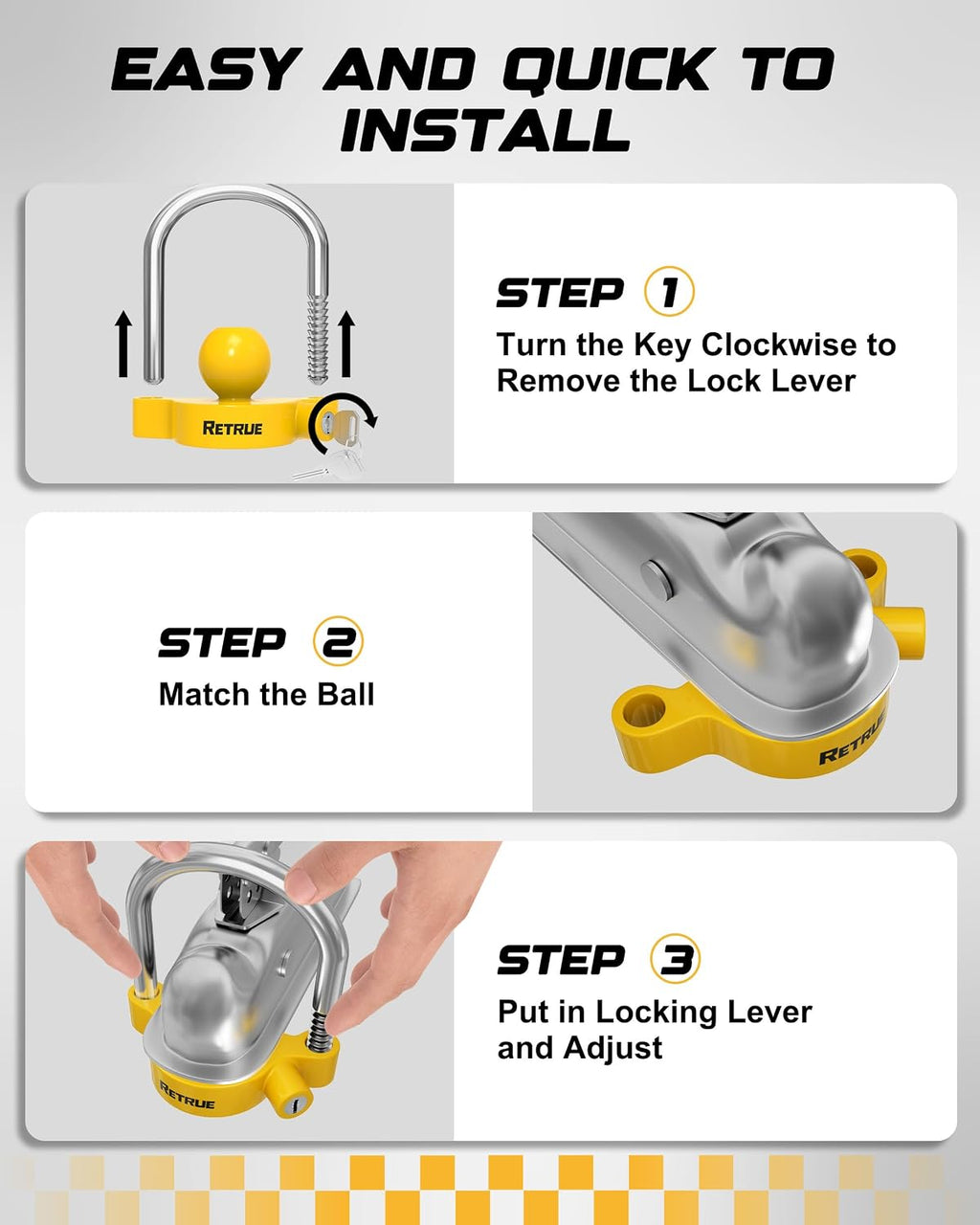 RETRUE Universal Coupler Lock Trailer Locks Ball Hitch Trailer Hitch Lock Adjustable Security Heavy-Duty Steel Fits 1-7/8 Inch, 2 Inch, 2-5/16 Inch Couplers, Bright Yellow, Light Weight