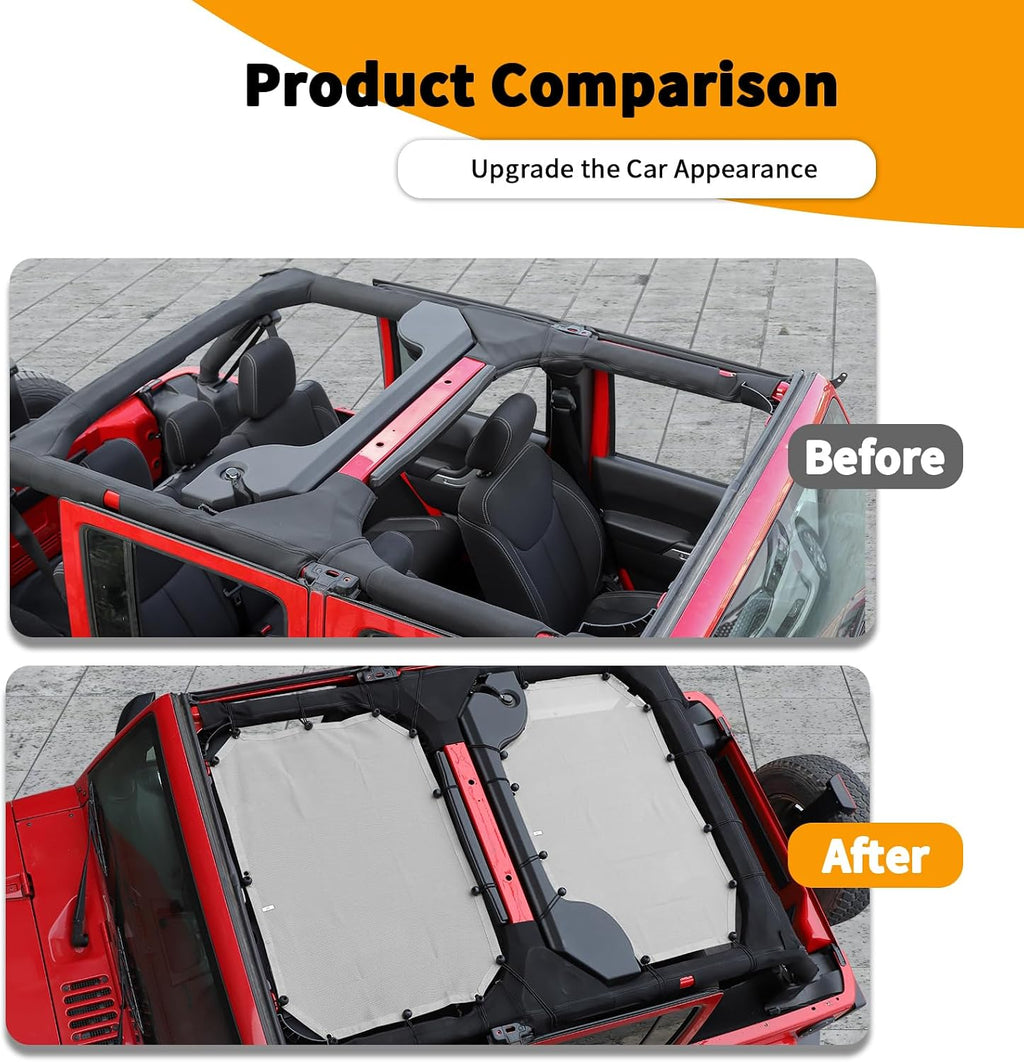 Hoolcar Front & Rear Sun Shade Mesh for Jeep Wrangler JK Unlimited (2007-2017) 4 Doors - American Flag Sunshade Screen JKU Top Cover UV Blocker, Grey