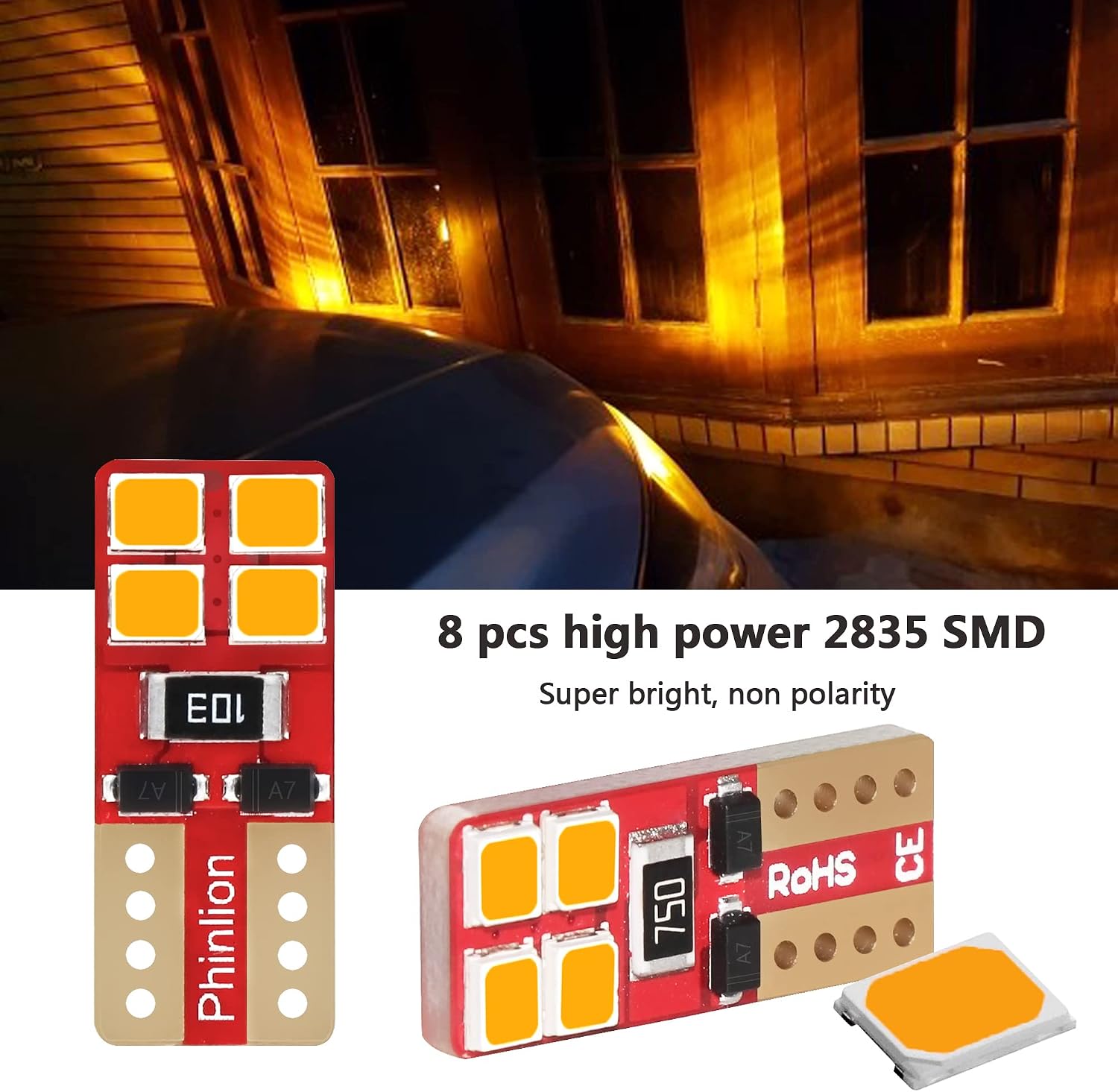 PHINLION Super Bright Miniature Wedge T10 168 194 2825 2827 12396 LED Bulbs for Car Interior Dome Map Side Marker Parking Lights, Amber Yellow (10 Pack)