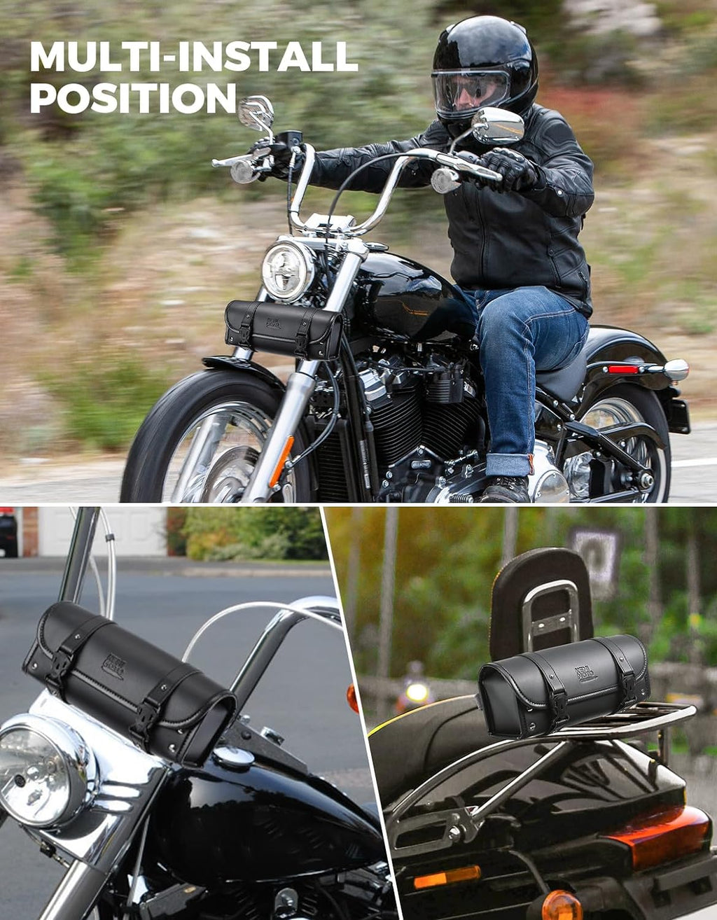 KEMIMOTO Motorcycle Fork Tool Bag Universal PU Leather Roll Bag for Front Fork Handlebar Sissy Bar Storage Pouch Dyna Softail Sportster Scooter