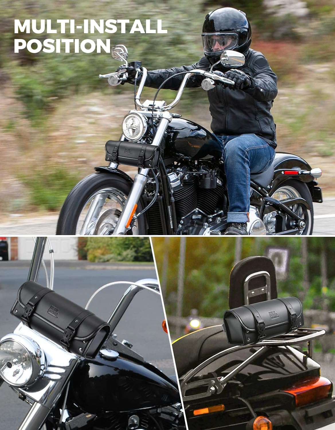 KEMIMOTO Motorcycle Fork Tool Bag Universal PU Leather Roll Bag for Front Fork Handlebar Sissy Bar Storage Pouch Dyna Softail Sportster Scooter