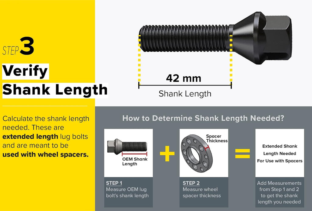 10pcs Extended Lug Bolts - 12x1.5, 42mm Shank (Not OEM Length), Cone Seat - Compatible with BMW 128i 135i 318i 320i 325i 328i 335i M3 525i 528i 530i 535i M5 Z3 Z4 E36 E46 E60 E90 E92 E93 - Black