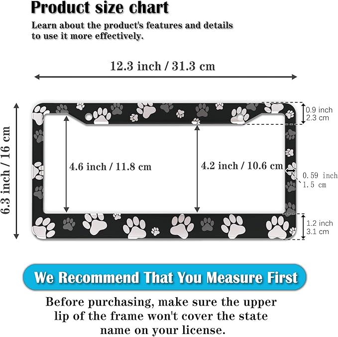 License Plate Covers Black and White License Plate Frames Paw Print Dog Cat - Image 2