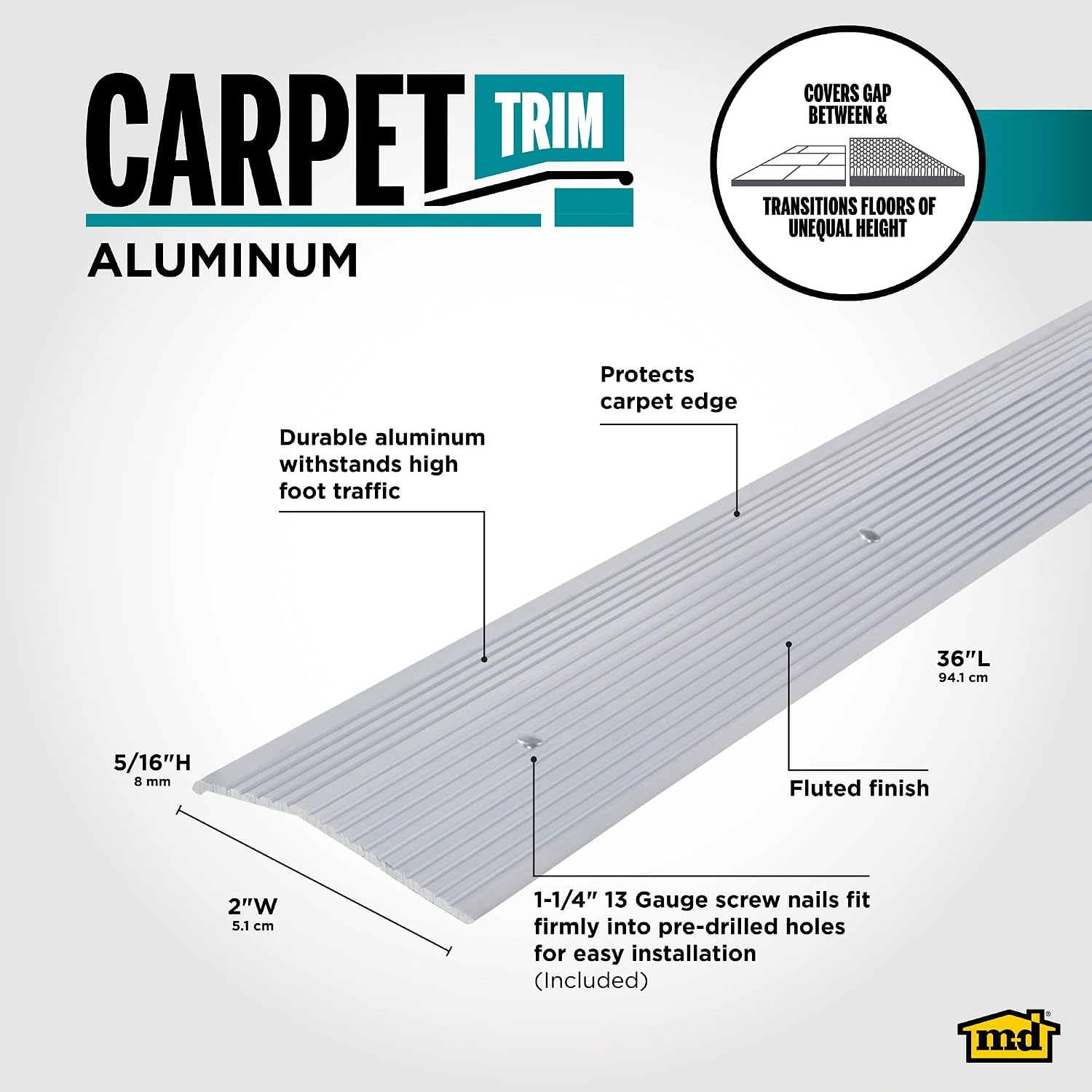 M-D Building Products 78212 Extra Wide Fluted 2-Inch by 36-Inch Carpet Trim, Silver