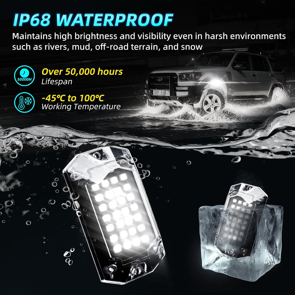 20Pods Full Angle All Pure White LED Rock Lights Full Kit Plug and Play & Pre Wired 6500K with Switch Harness Wiring Extension Fuse, 560Chips Waterproof Underglow 12V for Semi Trucks Pickup Offroad