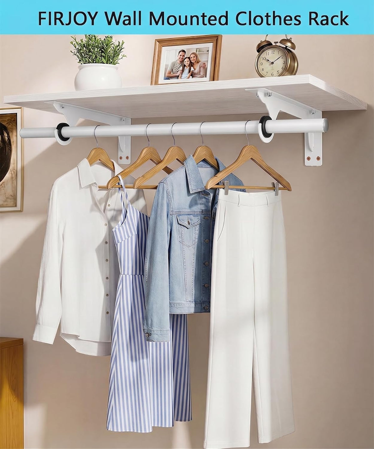wall mounted clothes rack, with top shelf and, close-up detail