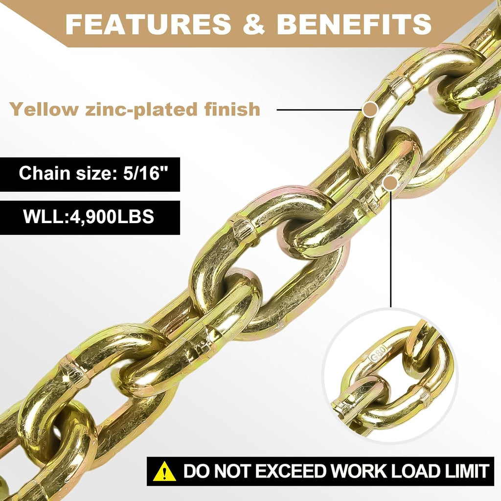 AAIN 5/16" Transport Chain, 20 ft Tie Down Chains for Trailers G80 Tow Chain for Load Tie-Down Fixed Cargo Flatbed Truck Heavy Duty Safety Chains with Clevis Grab Hooks G70-4,900 lbs WLL