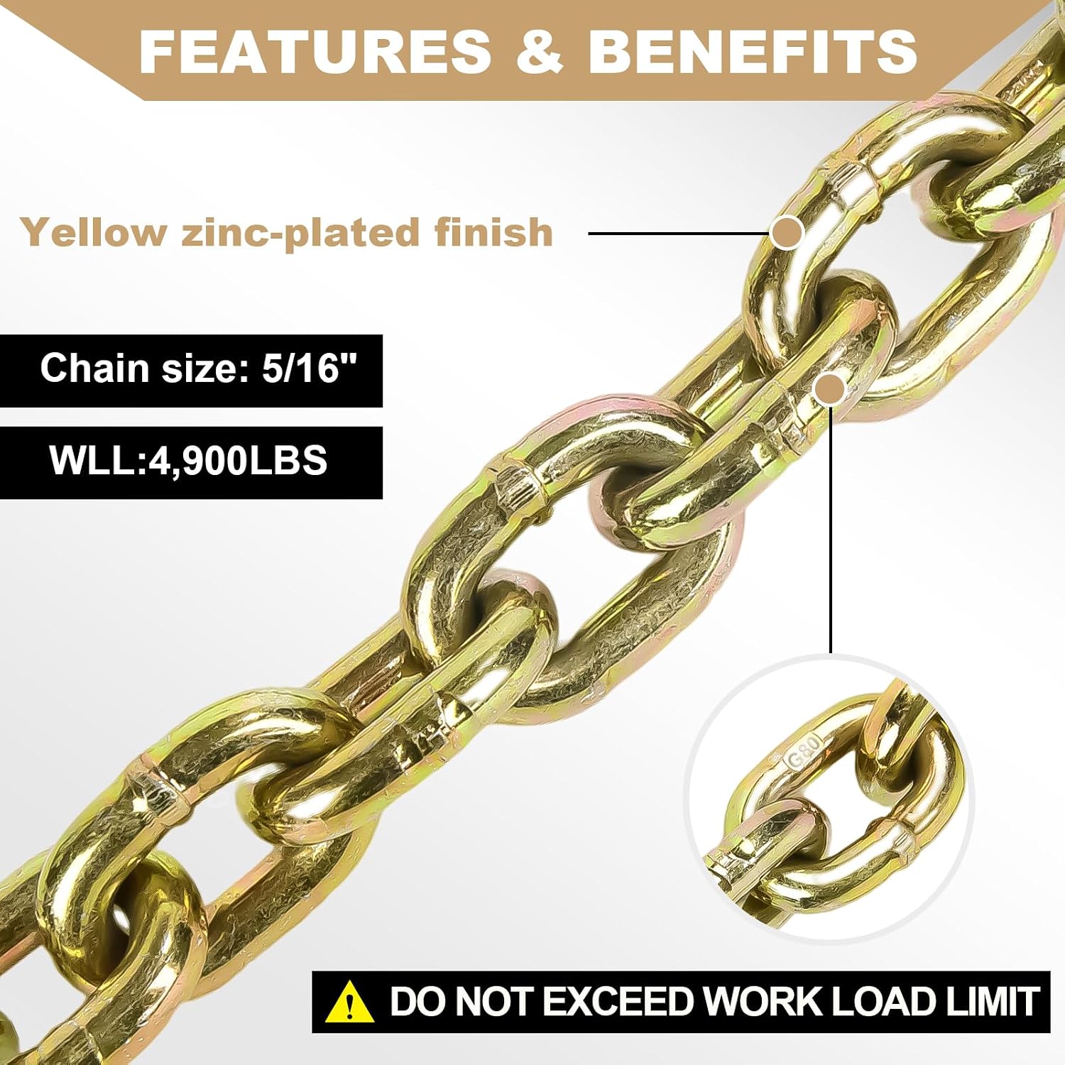 AAIN 5/16" Transport Chain, 20 ft Tie Down Chains for Trailers G80 Tow Chain for Load Tie-Down Fixed Cargo Flatbed Truck Heavy Duty Safety Chains with Clevis Grab Hooks G70-4,900 lbs WLL