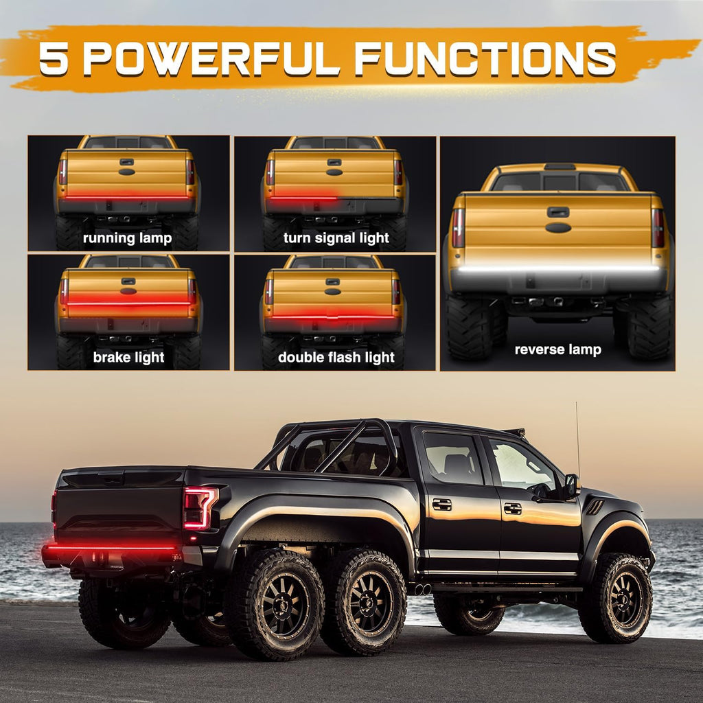 60 Inch LED Truck Tailgate Light Strip Quad Row Bed Tail Light 5 Function Red Brake, White Backup Reverse, Red Turn Signal Strobe Light for Pickup Trucks SUV RV Van Dodge Ram