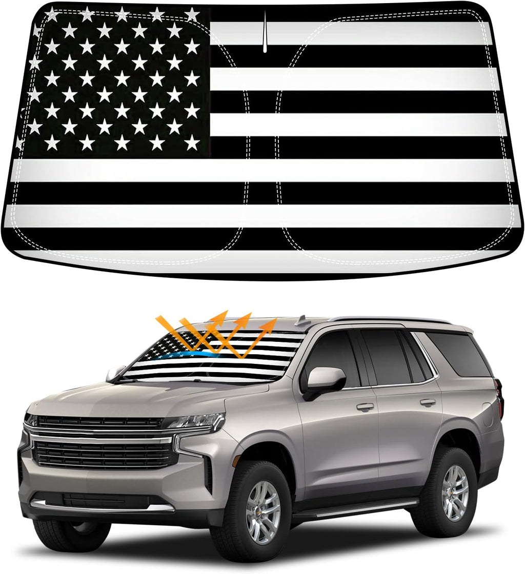 D-Lumina Winshield Sun Shade with USA Flag for Chevy Tahoe 2021 2022 2023 2024 2025, Foldable Front Sun Shield Protector Blocks UV Rays, Window Sunshade Sun Visor Interior Accessories