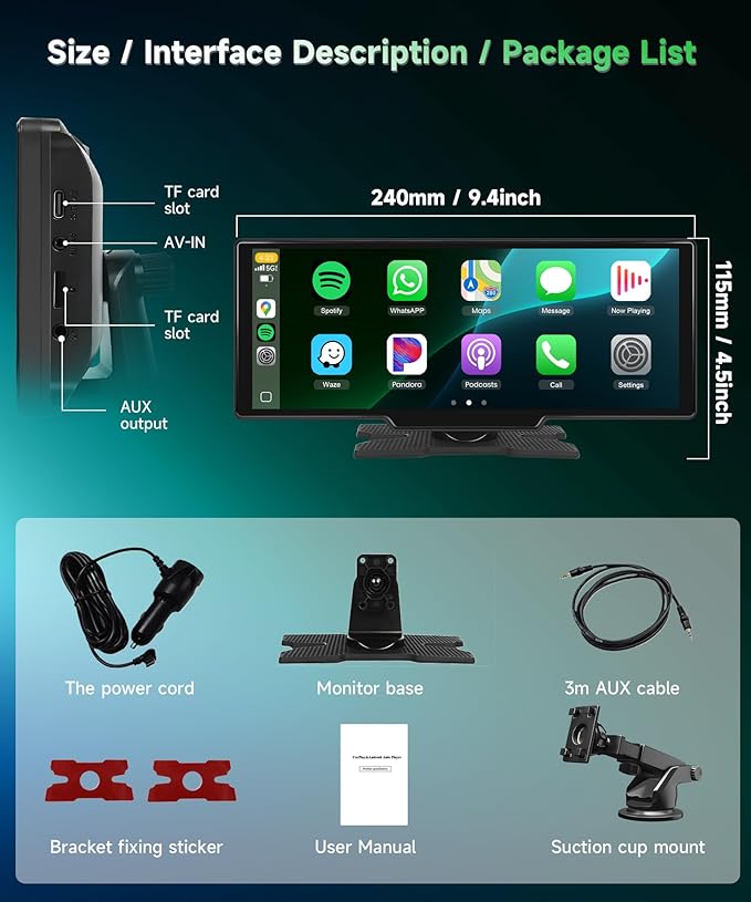 Carplay Screen for Car, 10.26 inch IPS Touch Screen Portable Wireless Car Stereo - Image 7