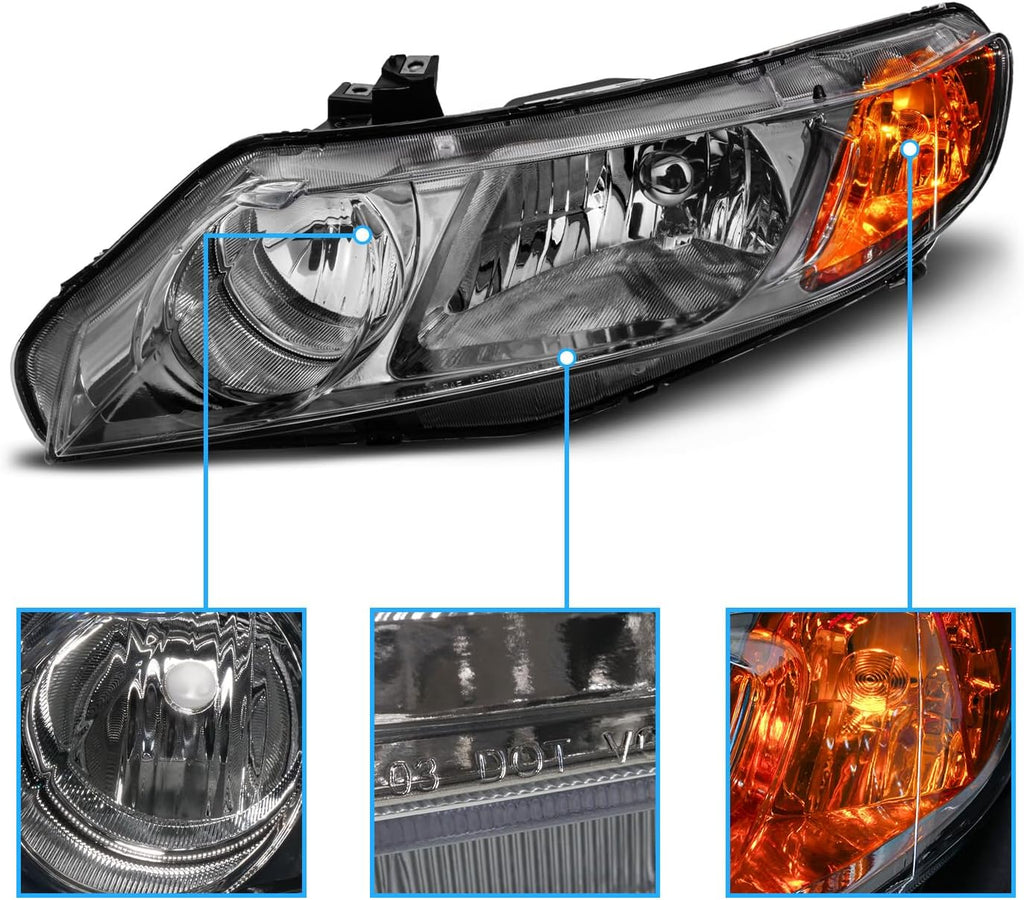 AmeriLite for 2006-2011 Honda Civic 4Dr Sedan/Hybrid Black Chrome Replacement Headlights Set w/Bulbs - Passenger and Driver Side