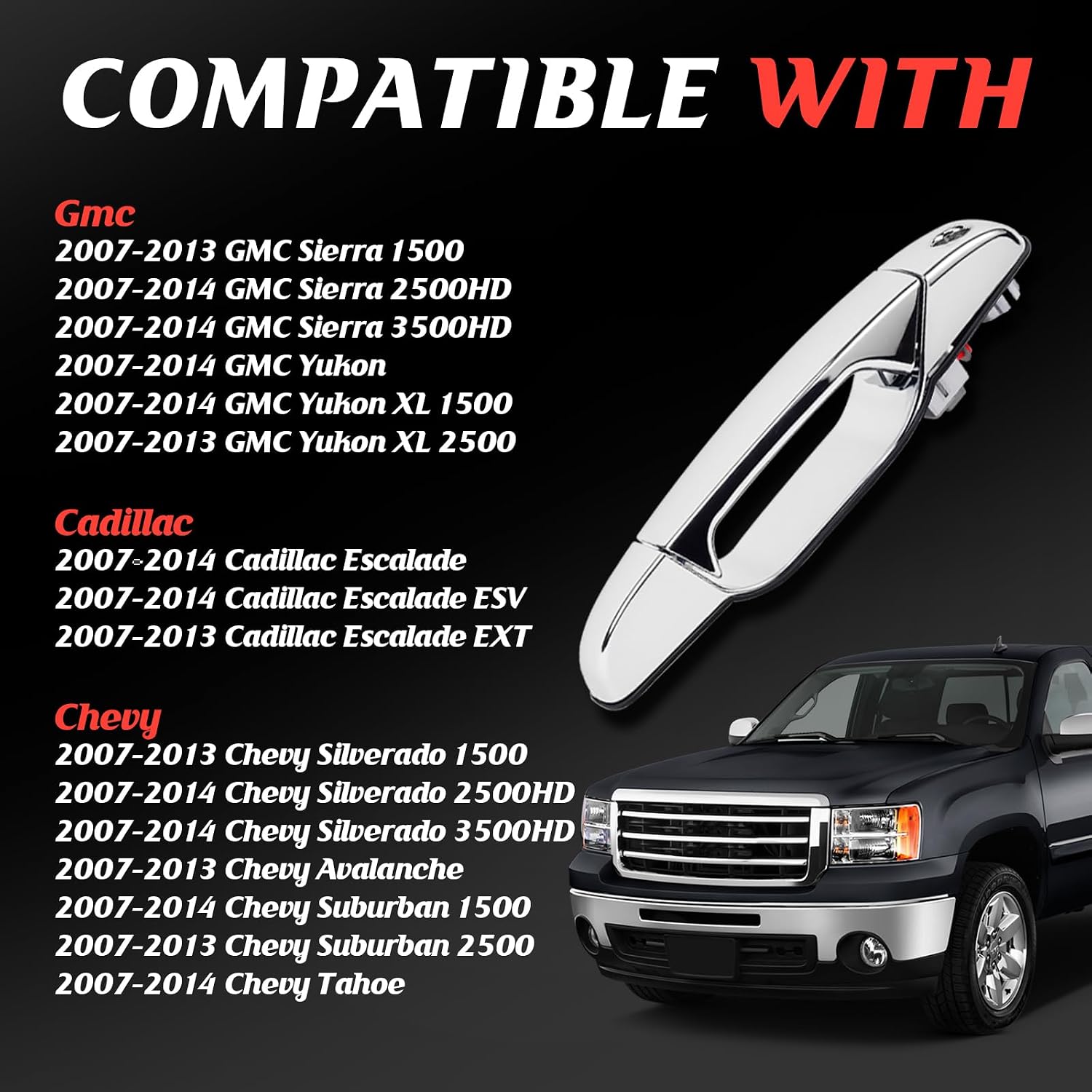 Front Driver Left Side Chrome Door Handles Fit For Chevy Silverado GMC Sierra 1500 2500 3500 Cadillac Escalade Yukon XL Denali Tahoe Avalanche Suburban 2007 2008 2009 2010 2011 2012 2013 2014