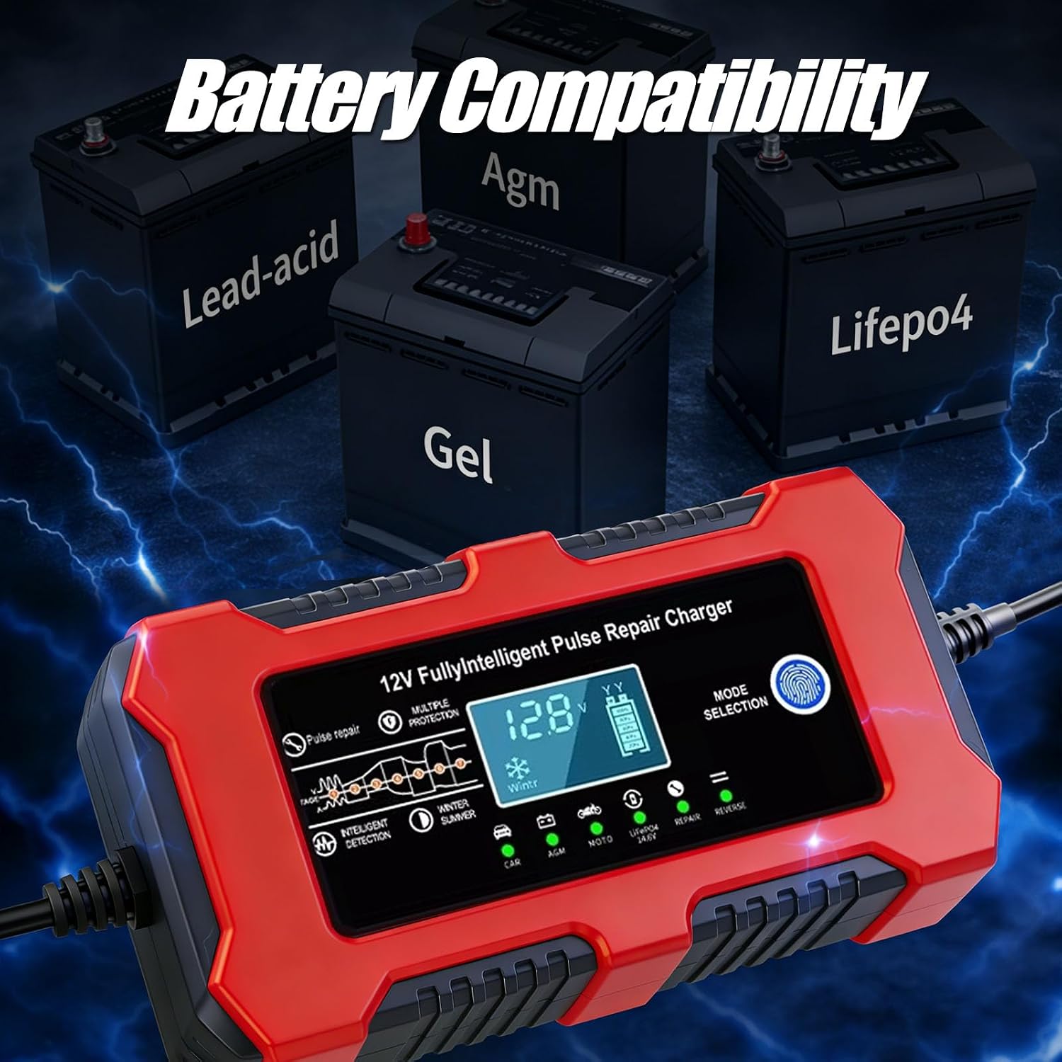 12V 10A Car Battery Charger, Lead-Acid & Lithium Trickle Battery Charger with Temperature Compensation, Desulfator & LED Display Maintainer for Car, Motorcycle, Truck, Marine, Lawn Mower