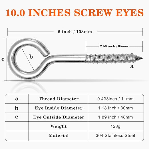 4Pcs Self Tapping Eyelet Screw Eye Bolt，6 Inch Heavy Duty Screw Eyes Hooks ，M10 - Image 2
