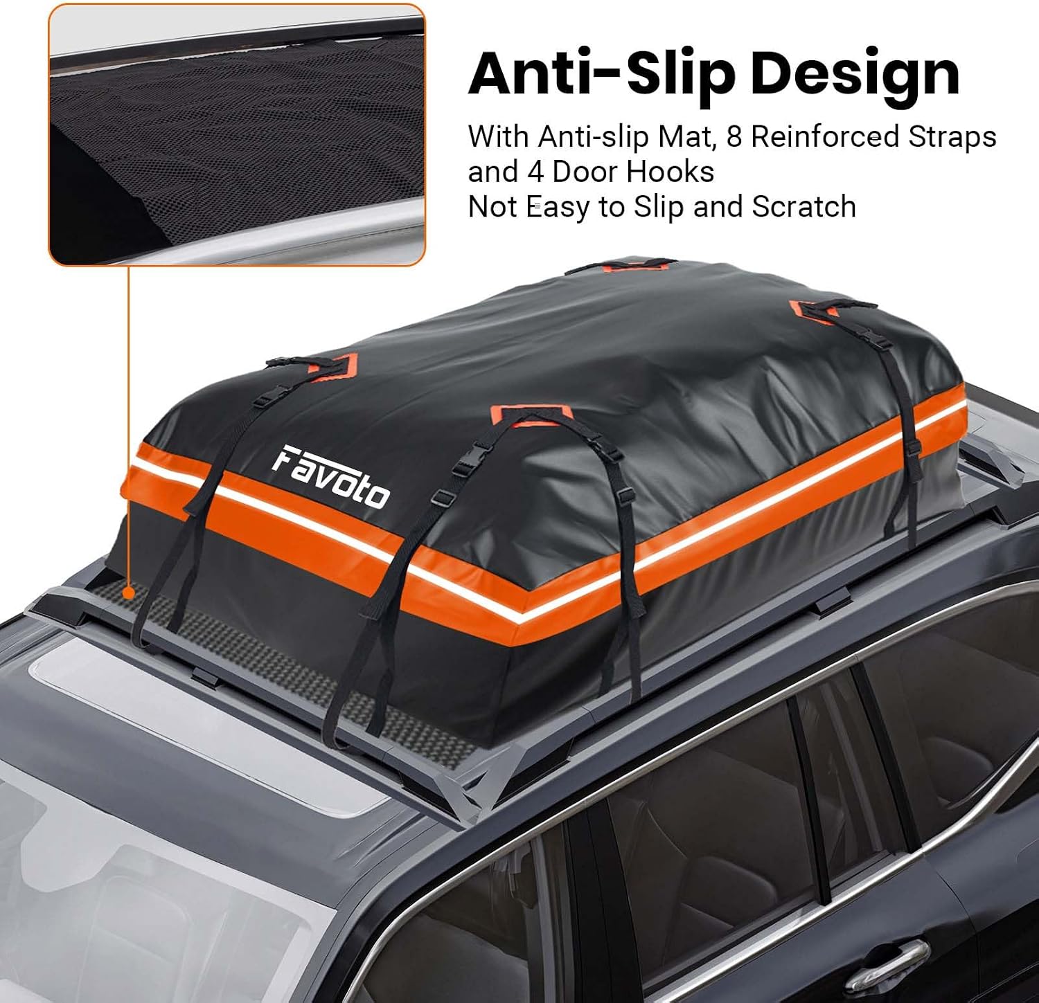 Favoto Roof Box, 566 Litres, Foldable Roof Case, Waterproof Roof Bag with Non-Slip Mat, Door Hooks, Reinforcement Straps for Cars, SUVs with/without Luggage Rack for Travel and Luggage Transport