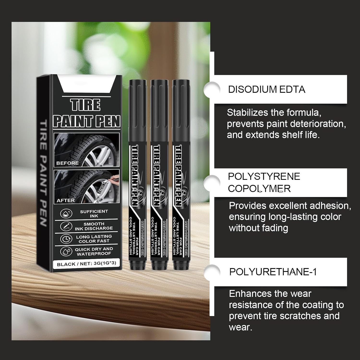 15Pcs Black Paint Pen Car Tires Paint Pen Water Quick Drying Tire Marker for Car Tires Scratch Repair Black Tire Marker