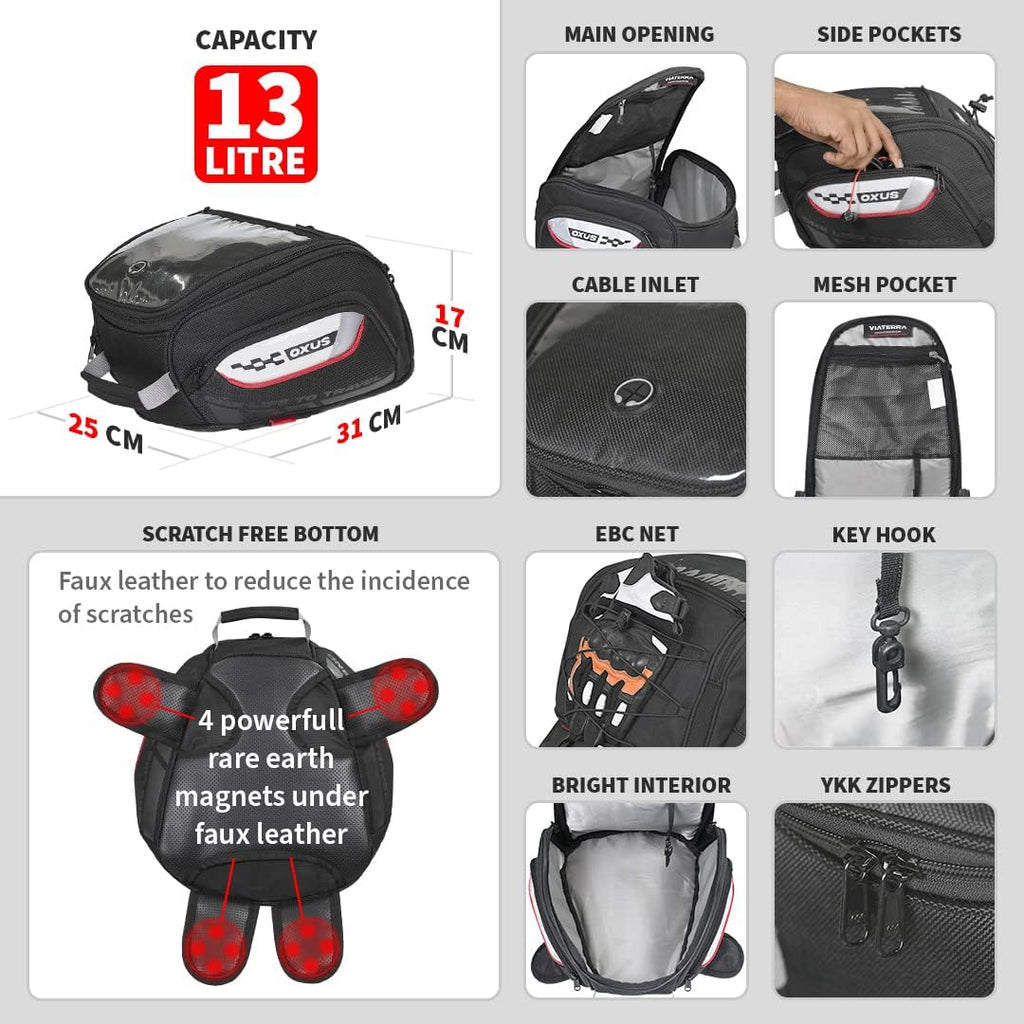 ViaTerra Oxus 13L Magnetic Motorcycle Tank Bag – Converts to Backpack Scratch-Free Leather Base Rain Cover Included EBC Net Universal Fit for Touring & Adventure Riders