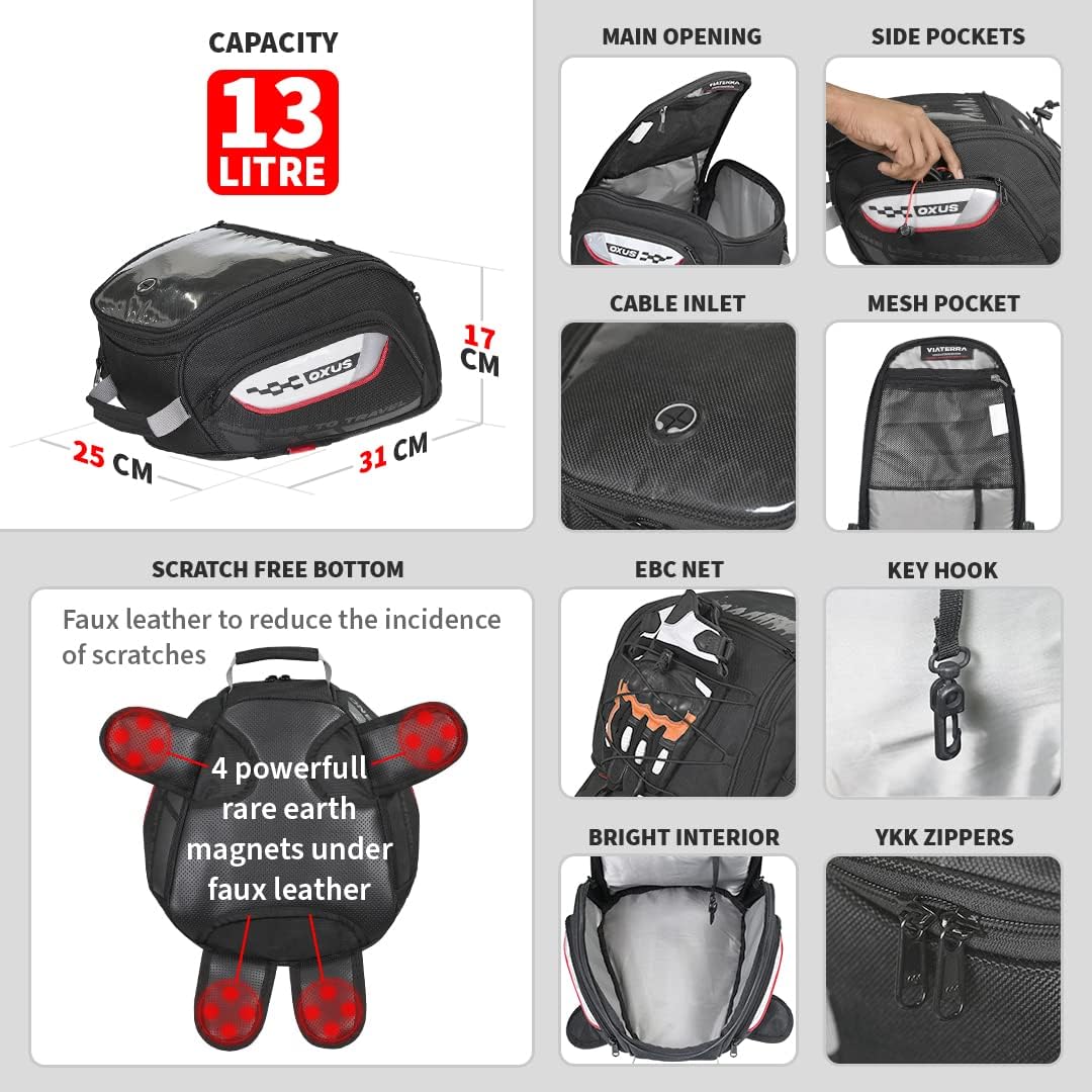 ViaTerra Oxus 13L Magnetic Motorcycle Tank Bag – Converts to Backpack Scratch-Free Leather Base Rain Cover Included EBC Net Universal Fit for Touring & Adventure Riders