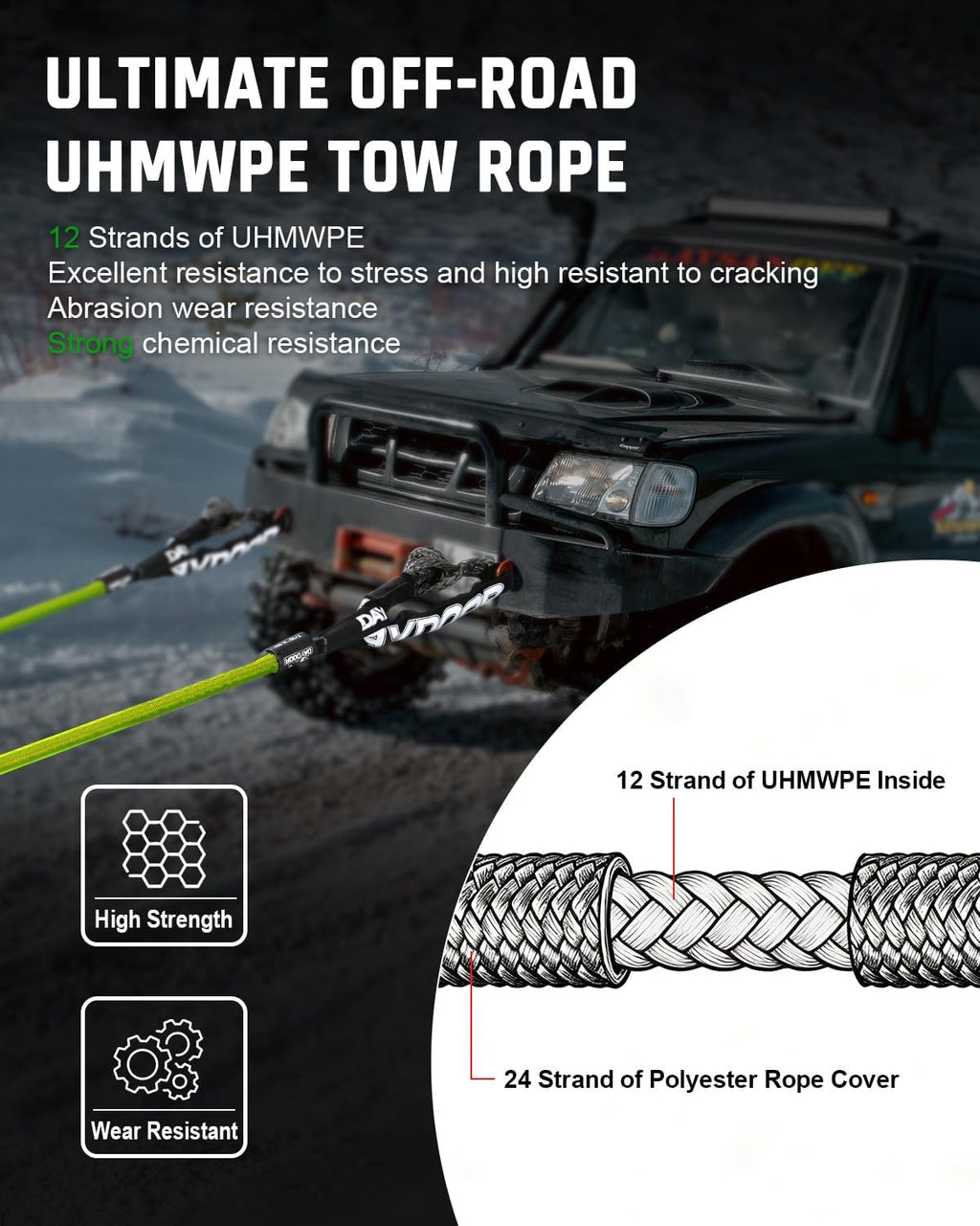DAYDOOR Recovery Tow Rope Kit with 2 Soft Shackles, 7/16 Inch x 30 ft 31,200 Lbs UHMWPE Tow Strap, Synthetic Towing Rope Recovery Kit for ATV, UTV, SUV, Cars (Green)
