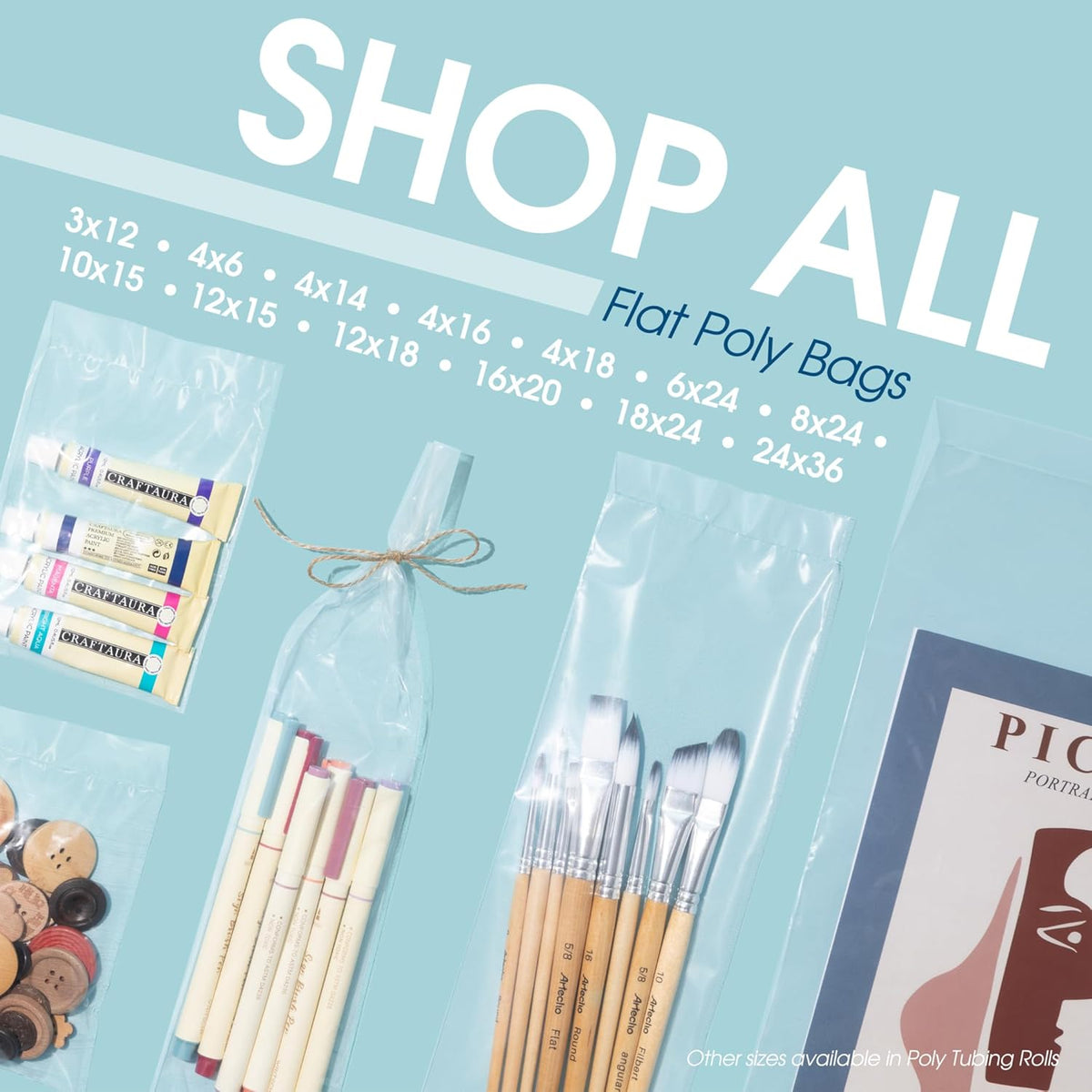 24" x 36" open-end flat poly bags (100 on a desk or shelf