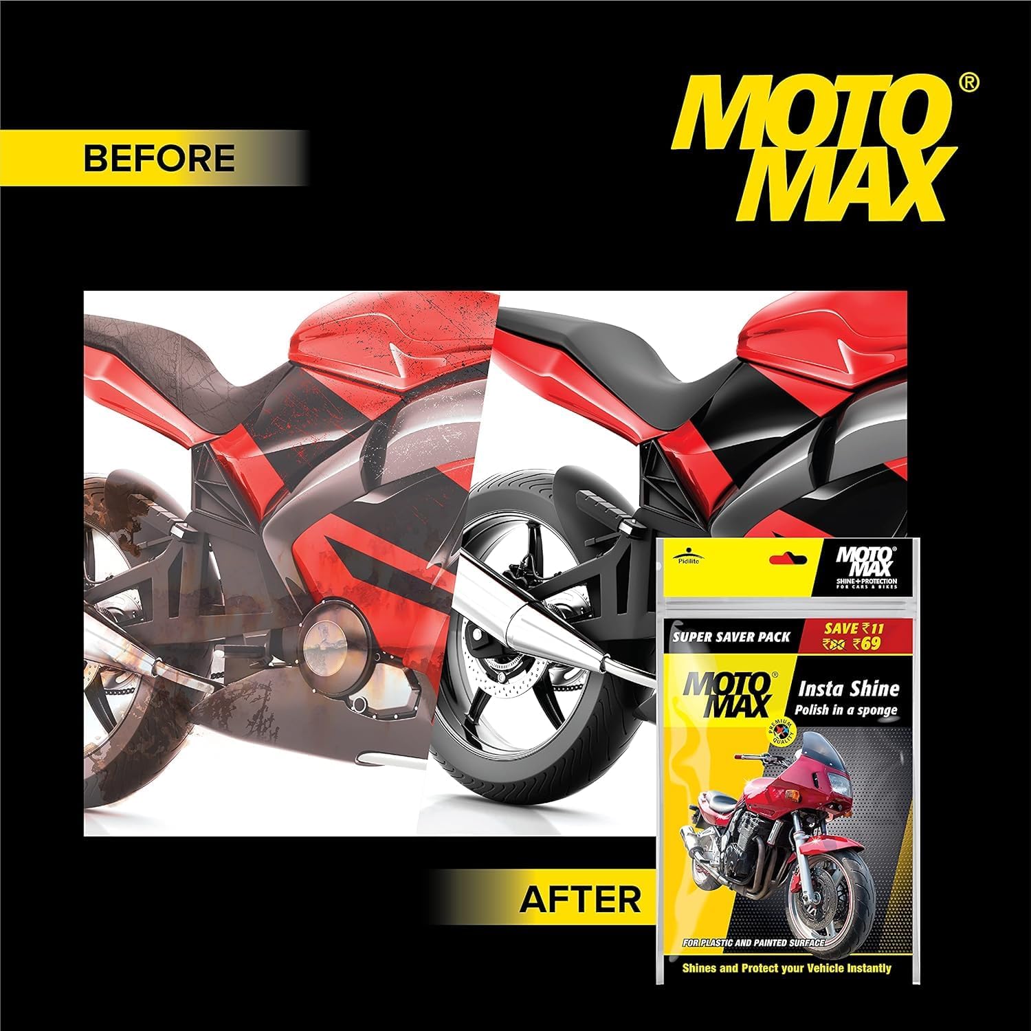 Pidilite Plastic Motomax Instashine Sponge 4 in 1 Zipper Pouch for Paint & Exterior Care, Instantly Cleans & Shines Bikes, Micro-Fiber Sponge to Instantly Remove Oil, Dirt