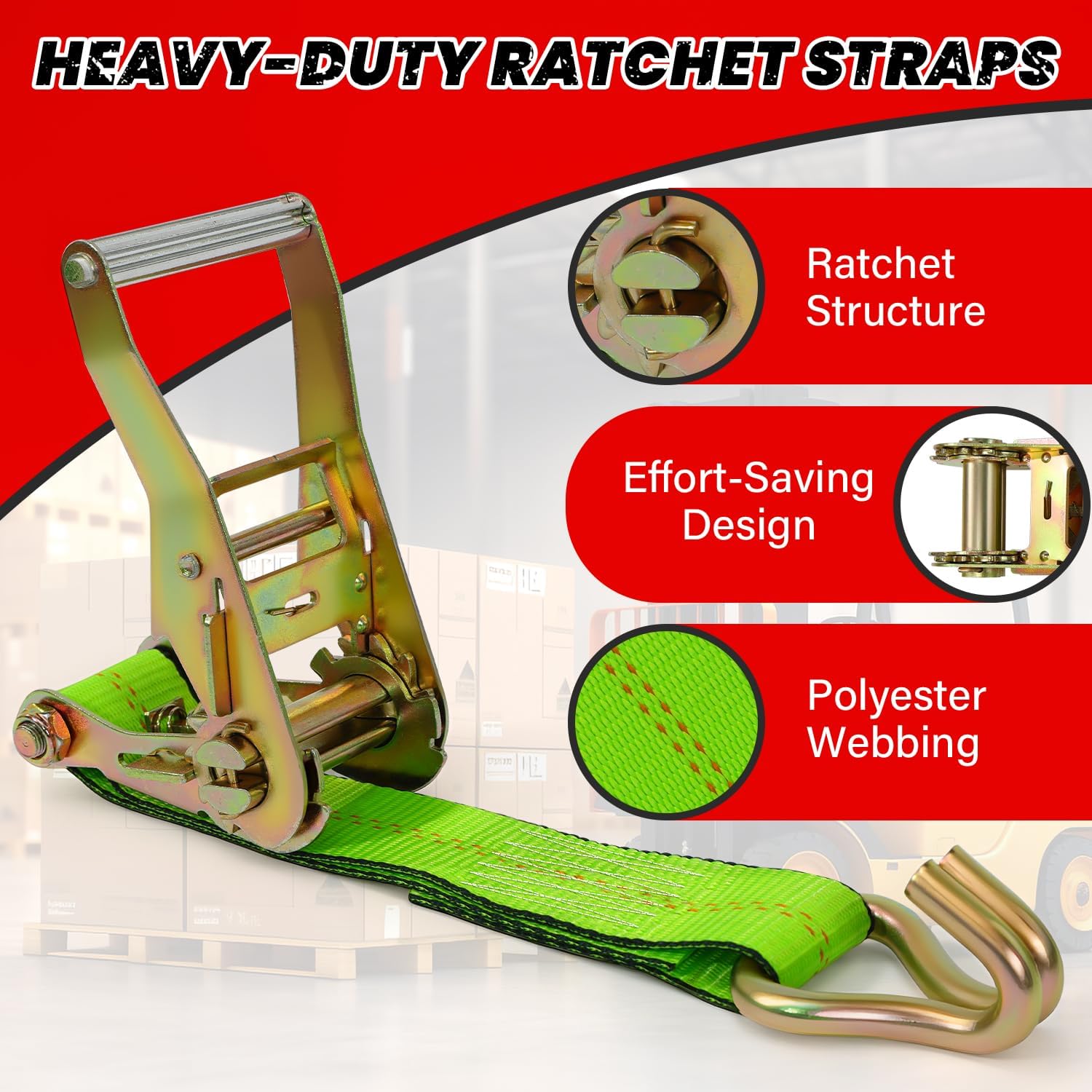 4 Pack 20ft Ratchet Straps Heavy Duty, 10,000 LBS Break Strength, 2" x 20' Heavy Duty Cargo Straps with Double J Hooks, Cargo Tie Down Straps Perfect for Truck, Trailers, Moving Appliances (Green)