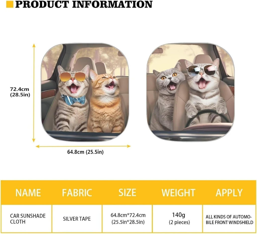 Funny Cat Driver Printed Windshield Sun Shade 2-Piece Foldable Front Window Sunshades Sun Visor Protector Blocks UV Rays Keeps Car Cool