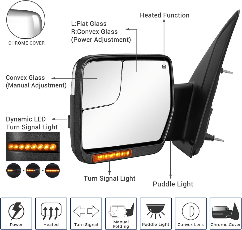 Towing Mirror for Ford F150 - Replacement fit for 2004-2014 Ford F-150 Pickup Truck with Power Adjusted Glass Heated LED Turn Signal Light Puddle Lamp Tow Mirror Pair (Chrome)