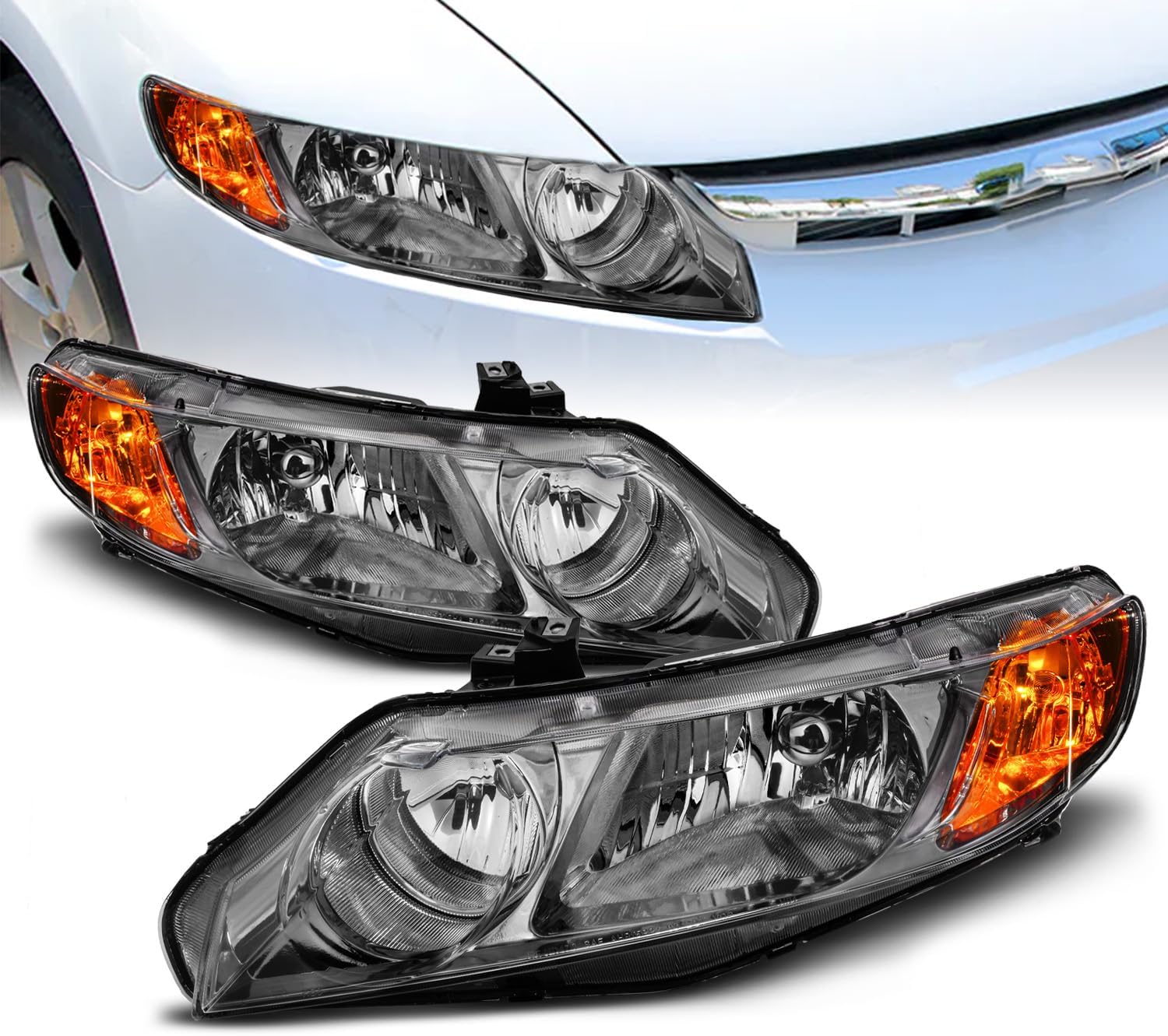 AmeriLite for 2006-2011 Honda Civic 4Dr Sedan/Hybrid Black Chrome Replacement Headlights Set w/Bulbs - Passenger and Driver Side