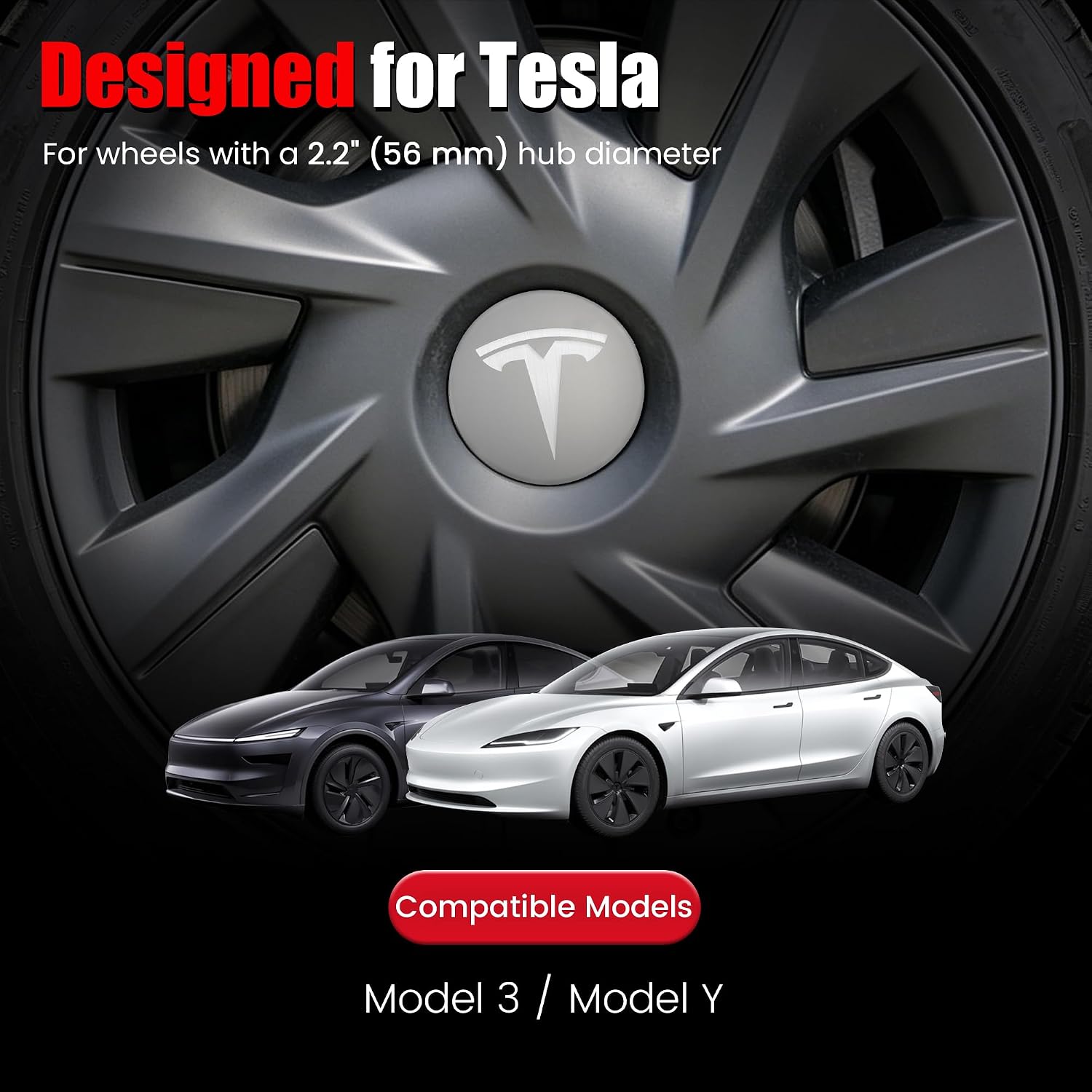 4 PCS Wheel Center Hub Cap Sticker for Model 3 / Model Y, Wheel Rim Cover 2.2” Center Cap Sticker Compatible for Tesla Hubcaps with Logo Emblem,Gray & Silver Wheel Hub Caps Waterproof Adhesive Backing