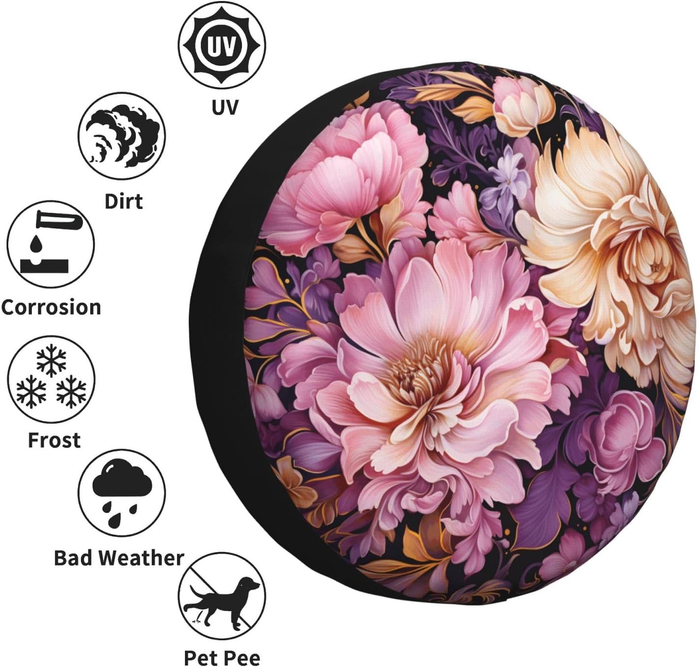 Pink Purple Floral Art Spare Tire Cover 17 inch, Universal Waterproof Dust-Proof Sun Protection Cover with Adjustable Nylon Rope Easy Installation for Jeep Trailer SUV Truck RV