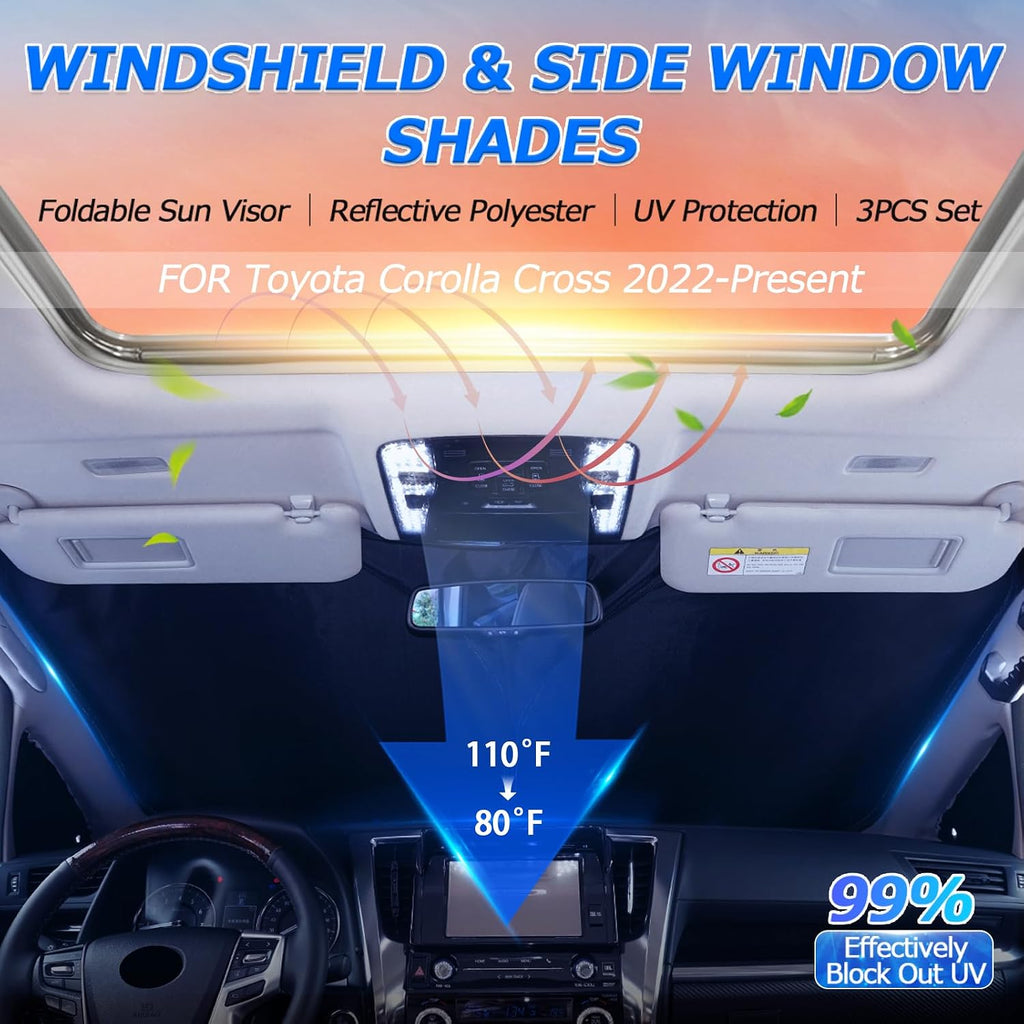 Karltys 3PCS Windshield Sun Shade for 2022-2024 2025 Toyota Corolla Cross, Front and Side Window Sunshade Custom Fit Corolla Cross, 210T Reflective Sun Visor Cover Protector Keep Your Car Cool