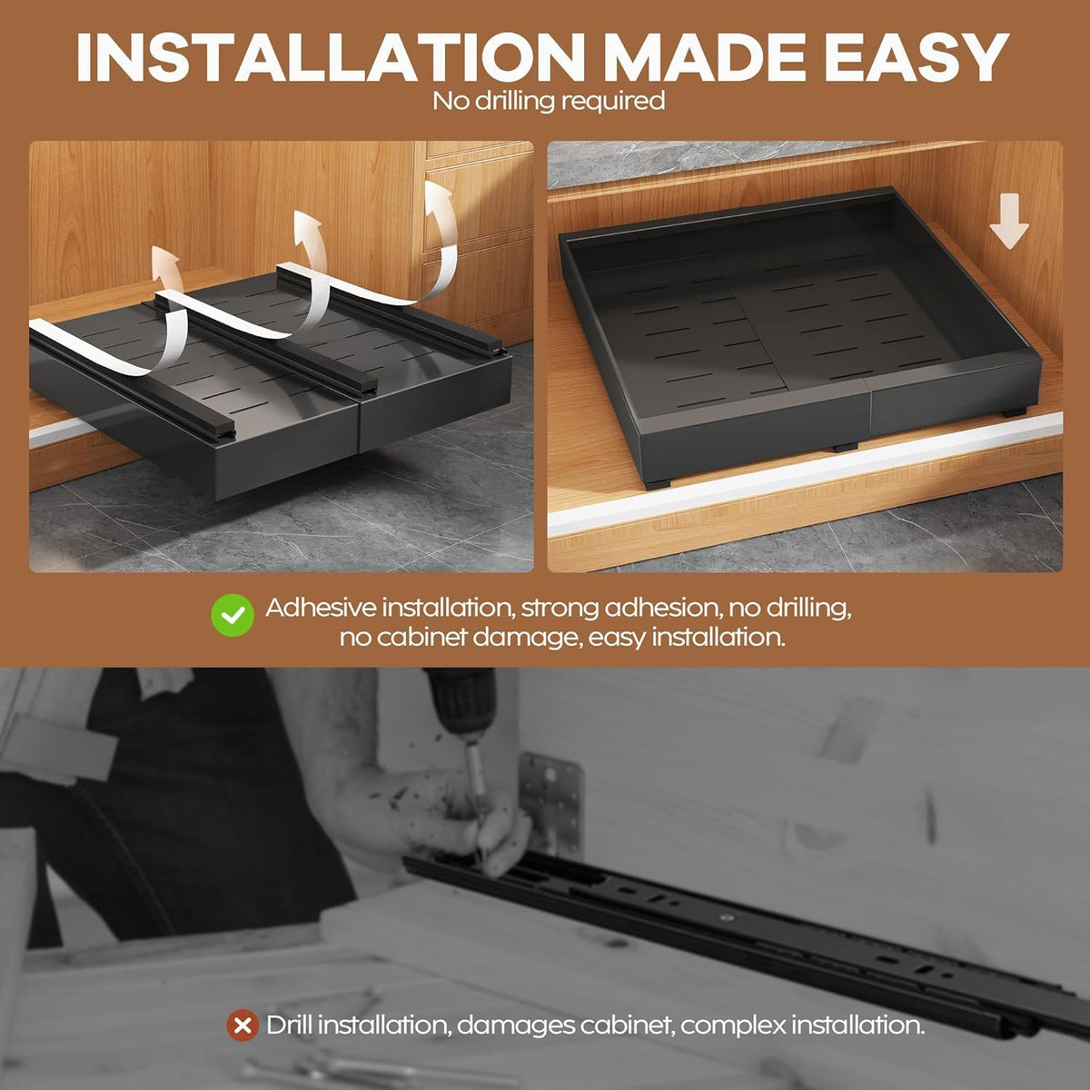 seinloes 2pack expandable pull out cabinet organizer 21"deep on a desk or shelf