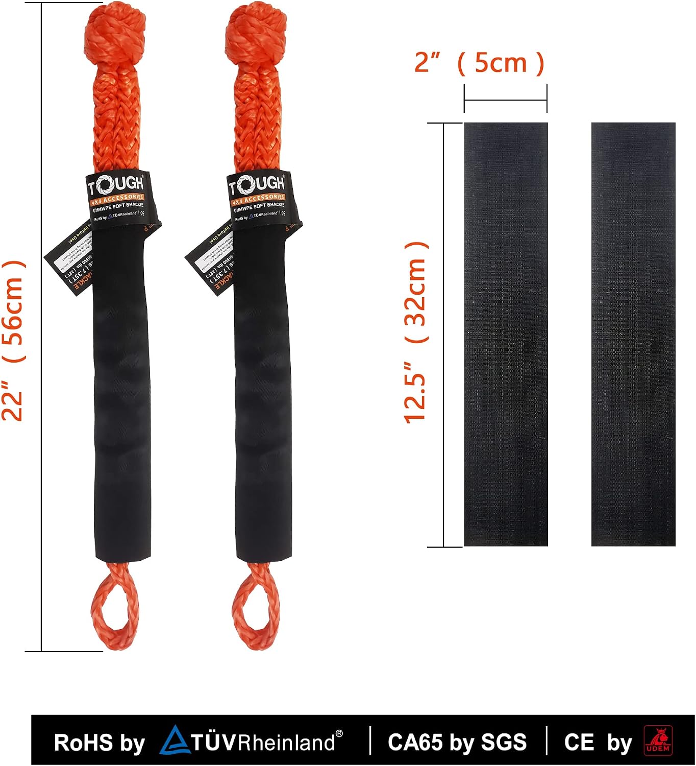 TOUGH 2 Pcs Synthetic Soft Shackle 1/2 x 22 Inch (55,000lbs Breaking Strength) Rope Shackle with 4 Sleeves for Sailing SUV ATV Truck Jeep Off Road Recovery (1/2" X22" Plus, Orange 2-Pack, 2)
