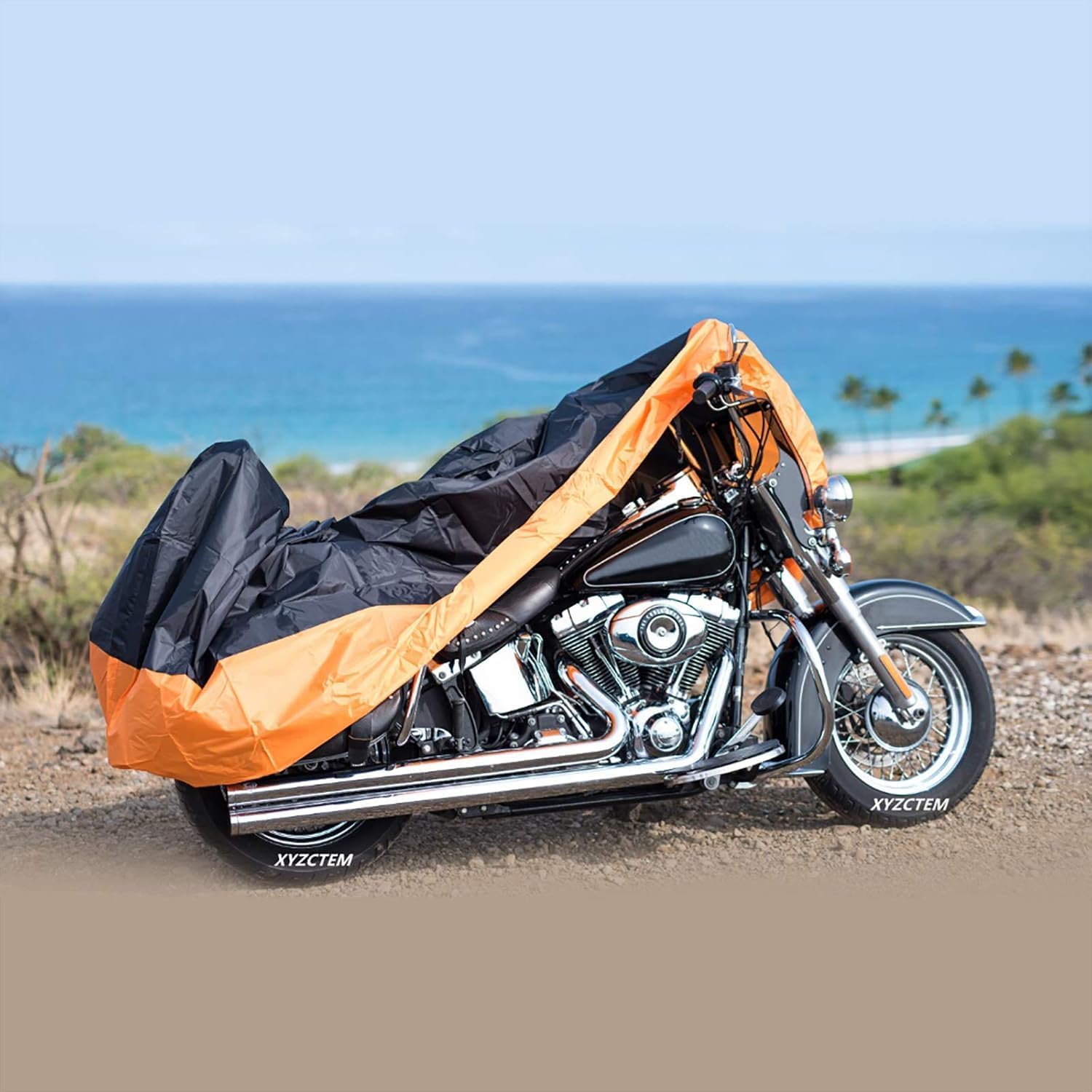 XYZCTEM Motorcycle Cover – All Season Waterproof Outdoor Protection – Fit up to 116 inch Tour Bikes, Choppers and Cruisers – Protect Against Dust, Debris, Rain and Weather(XXXL,Black& Orange)
