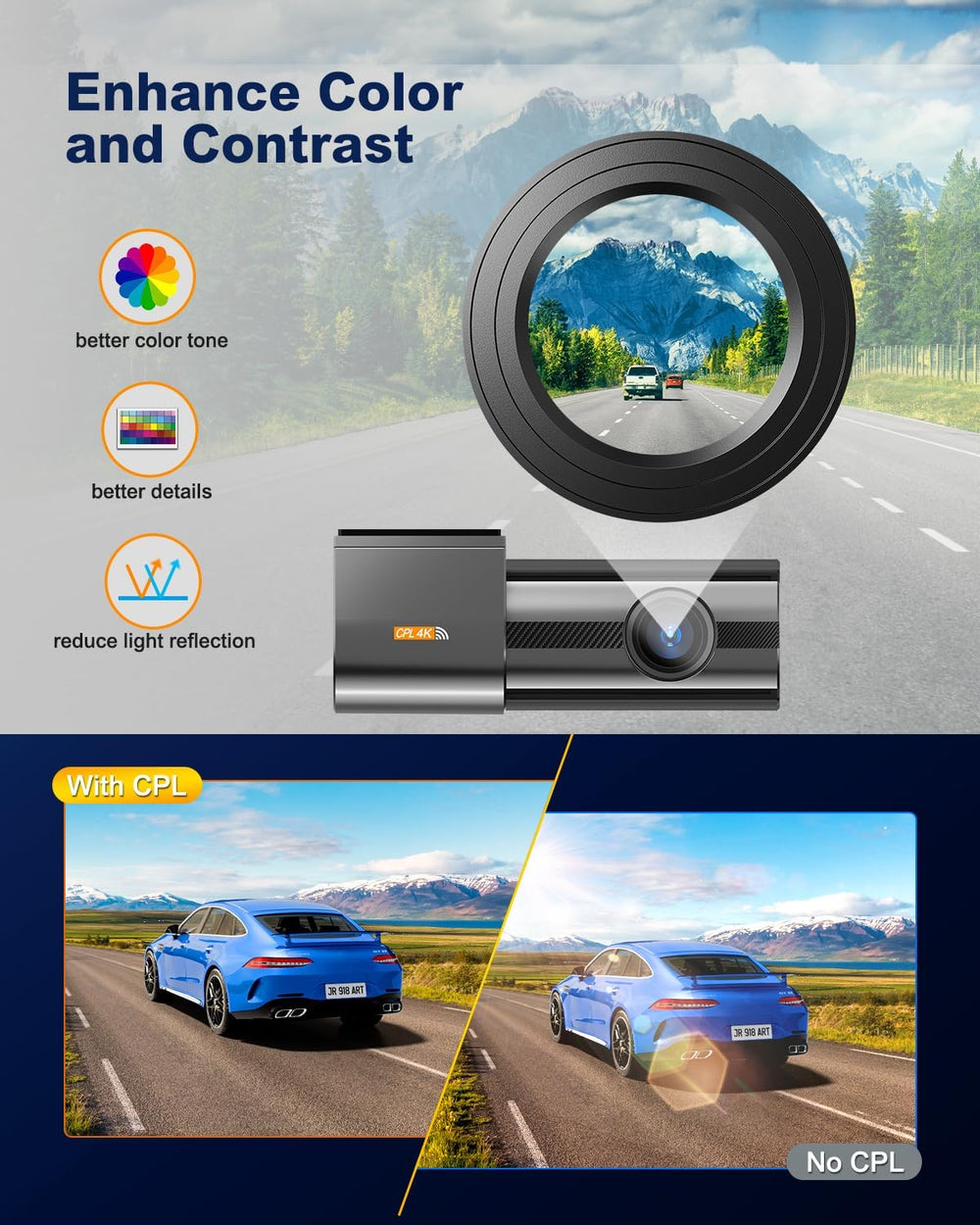 Dash Cam Front and Rear 4K, Built-in 5GHz WiFi with CPL, Dual Dashcams for Ca...