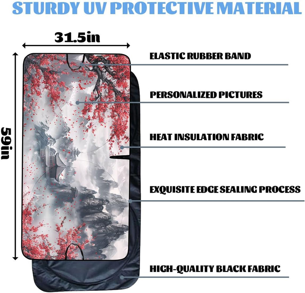 Cherry Blossom Car Windshield Sunshades Japanese Mount Fuji Heatshield Front Window Car Sun Shade Windshield Blocks UV Rays Sun Visor Protector for Car Sedan Truck SUV Accessories 59" L x 31.5" W