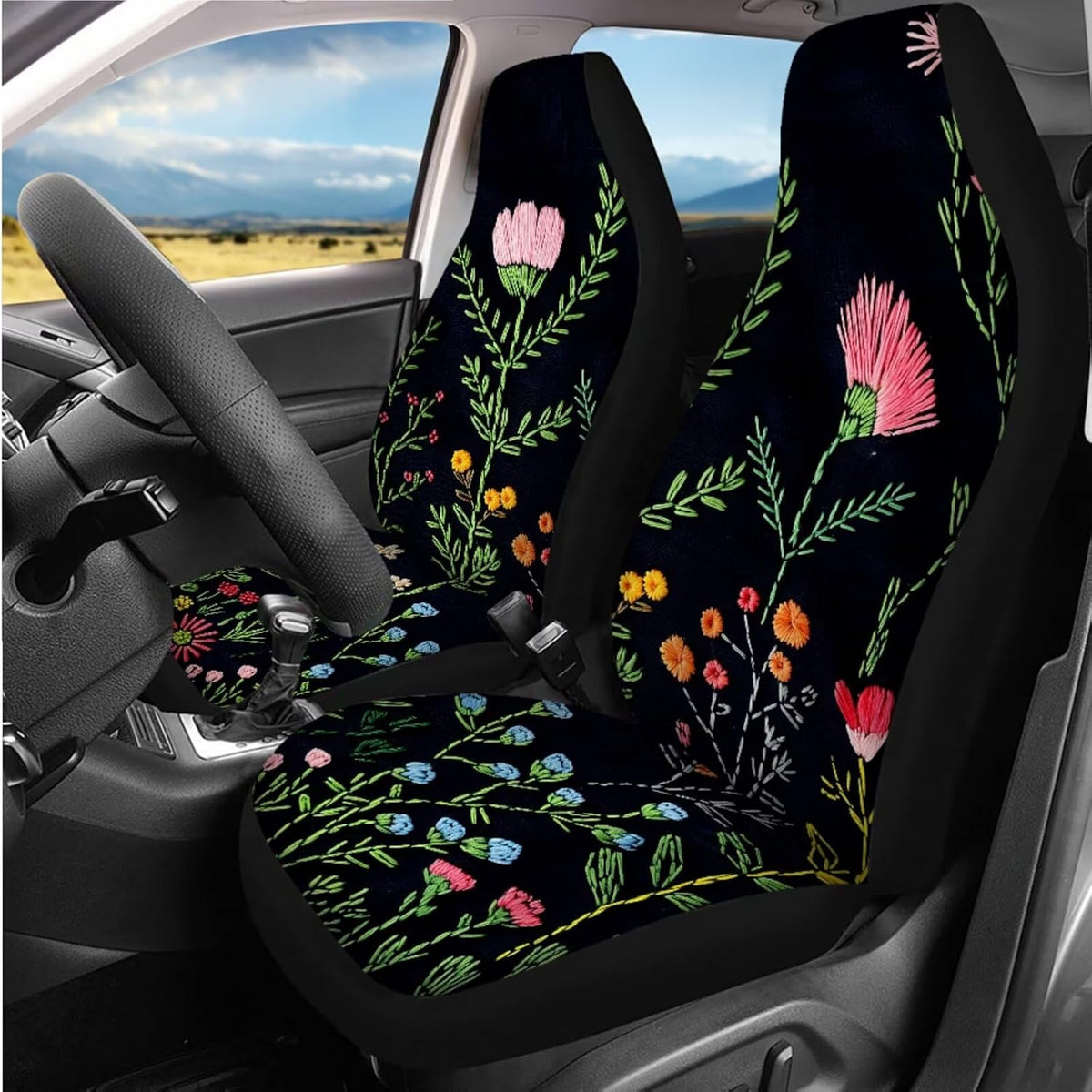 wildflower car seat covers full set with steering shown in use