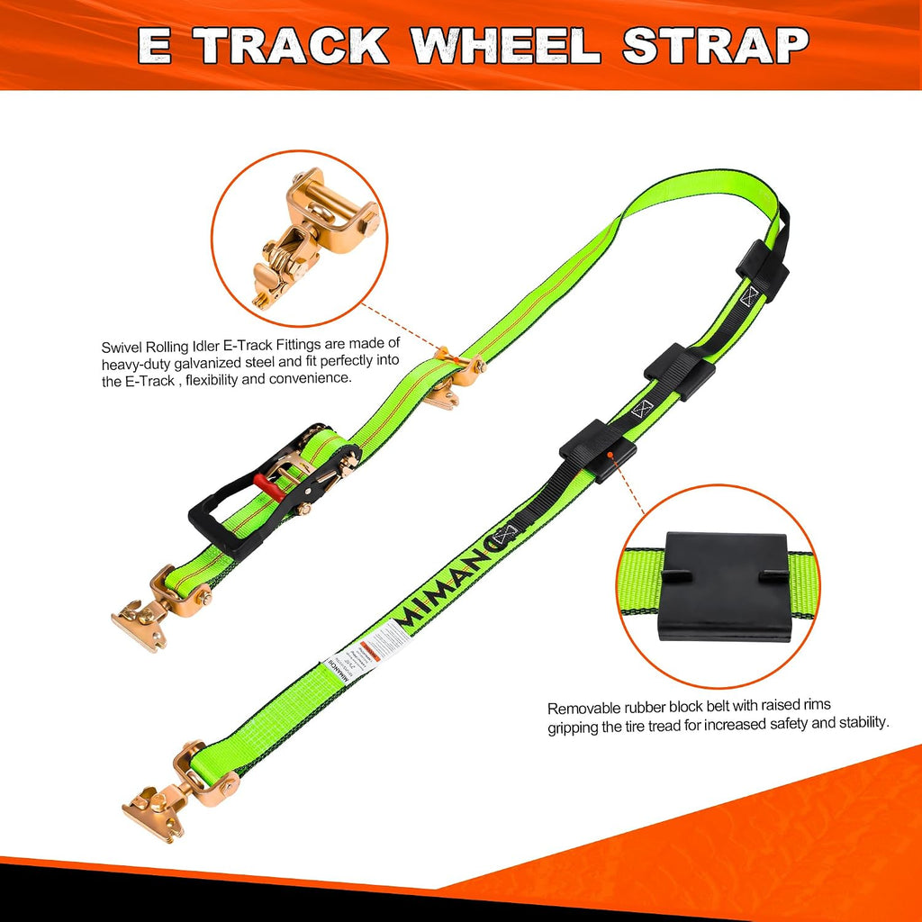 2" x 16' E Track Tire Straps with Fittings, 4 Pack, Car Tie Down Straps for Trailers, Over the Wheel Ratchet Strap with Rubber Blocks, Vehicle Auto Tie Down Kit for Hauling Oversize Tires