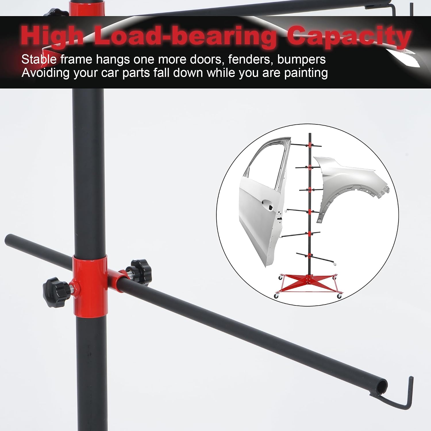 71 Inch Panel Tree Paint Stand with 6 Hook Levers, Automotive Paint Stand with Adjustable Center Post and 4 Casters, Hang Automotive Panels, Doors, Fenders, Bumpers, Car Parts, Auto Body Paint Stand