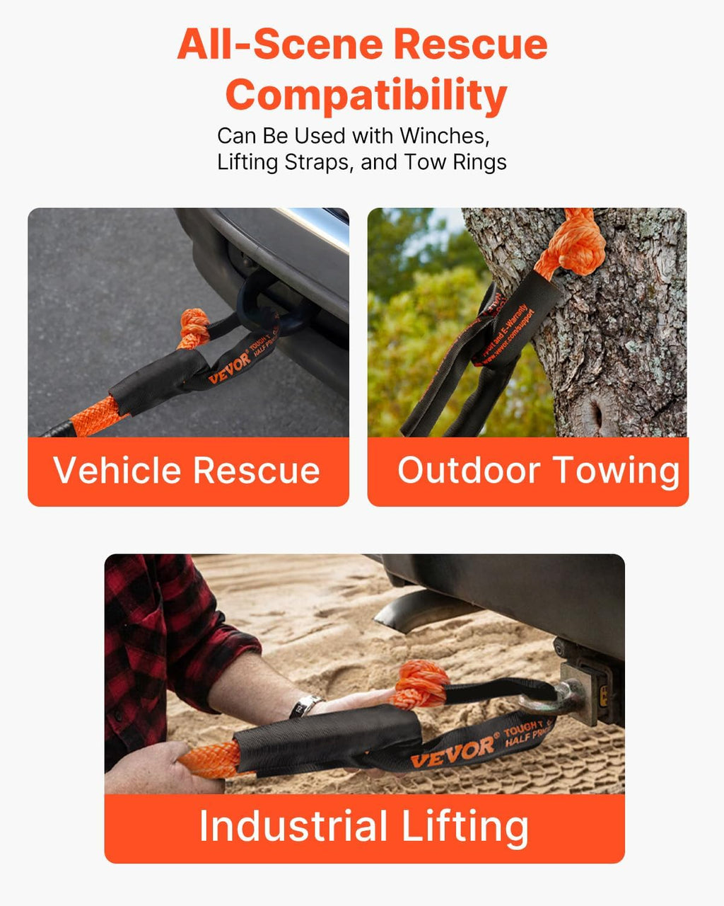 VEVOR 2-Pack Synthetic Soft Shackle, 1/2" x 22" - 44,092 lbs (20 Ton) Breaking Strength, Heavy Duty Recovery Tow Shackles with Extra Sleeves & Storage Bag for UTV,ATV,Trucks,Off-Road Vehicles,Orange