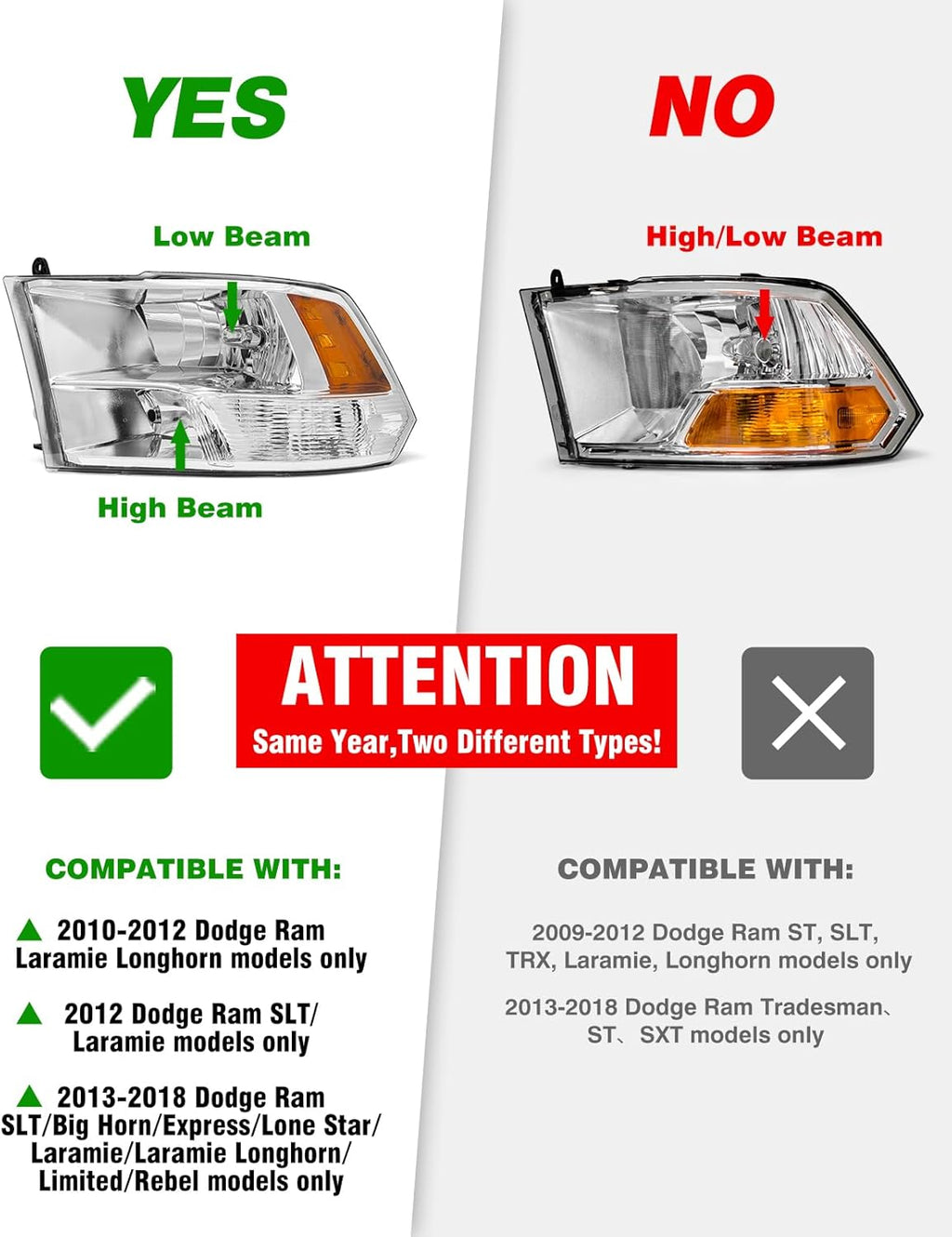 for 2010 2011 2012 2013 2014 2015 2016 2017 2018 Dodge Ram Headlight Assembly compatible with 10-18 Ram 1500/10-18 Ram 2500 3500 Chrome Housing Amber Reflector Headlamp Replacement